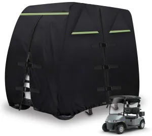 Golf Cart Cover 420D Outdoor 360° Windproof Design Compatible with EZGO Golf Cart 2/4 Passengers with 3 Zipper Doors Windproof Sunproof All-Weather Full Cover,Black (112" L x 48" W x 66" H)