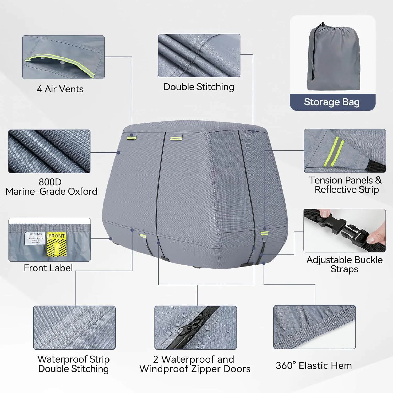 Golf Cart Cover 800D Marine-Grade Polyester with 2 Zipper Doors, Waterproof Windproof Sunproof Breathable Golf Cart Cover with Storage Bag