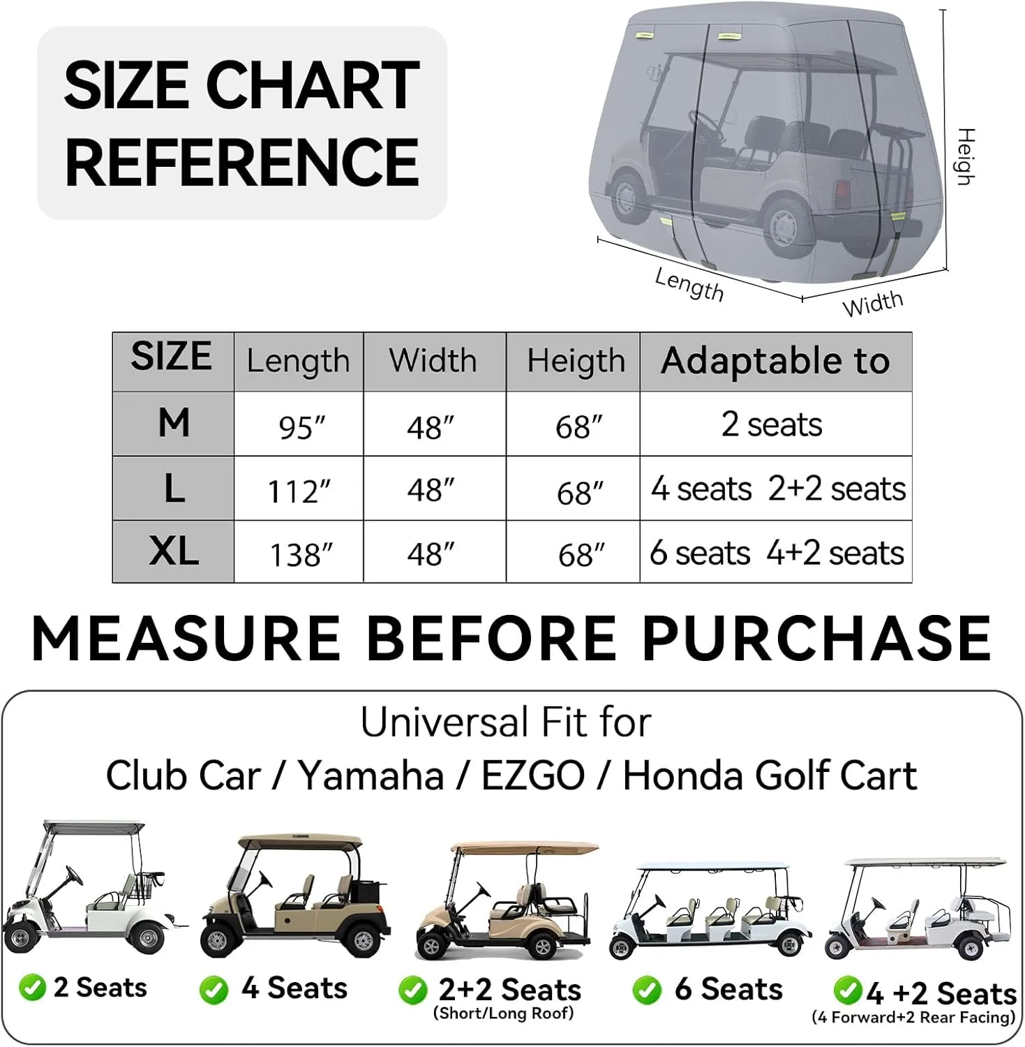 Golf Cart Cover 800D Marine-Grade Polyester with 2 Zipper Doors, Waterproof Windproof Sunproof Breathable Golf Cart Cover with Storage Bag