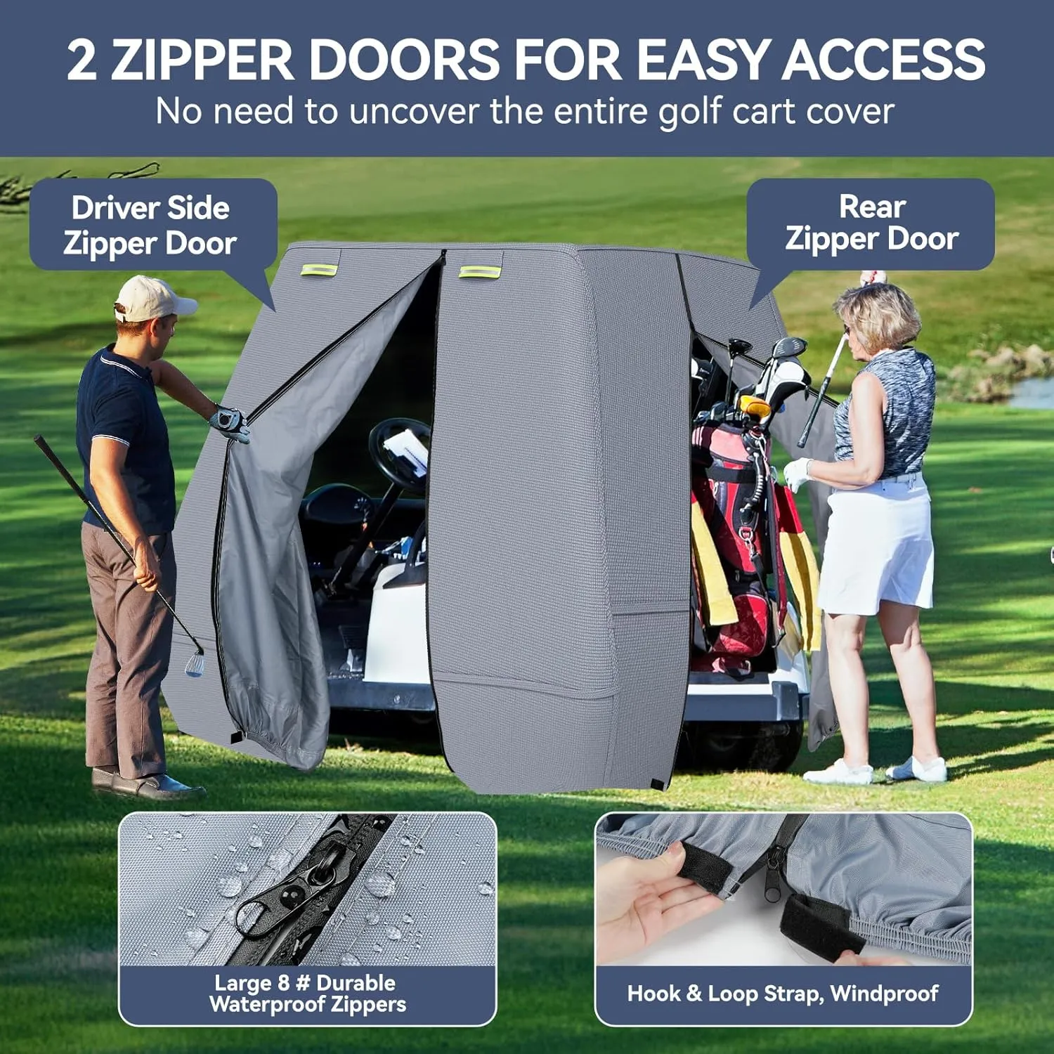 Golf Cart Cover 800D Marine-Grade Polyester with 2 Zipper Doors, Waterproof Windproof Sunproof Breathable Golf Cart Cover with Storage Bag