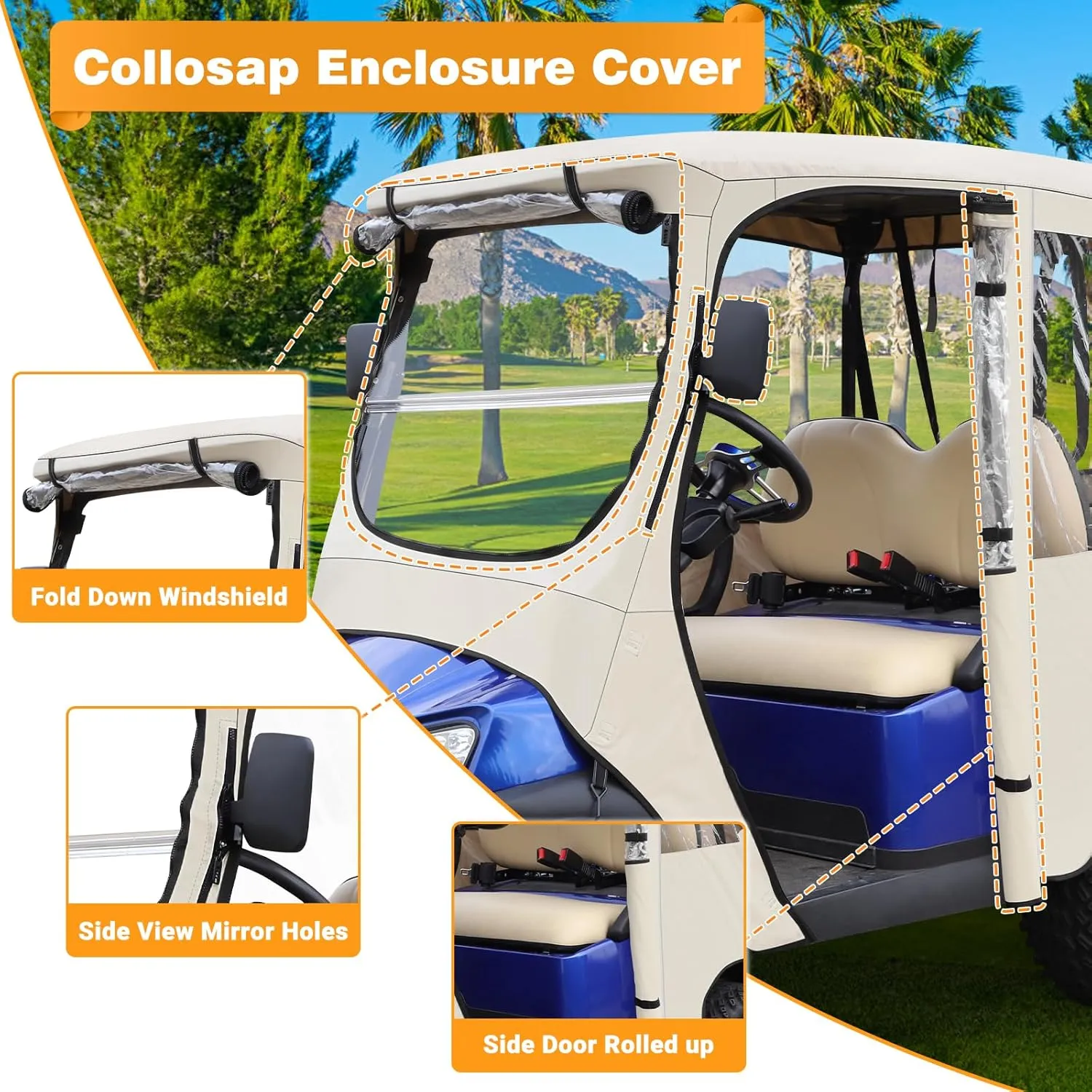 Golf Cart Enclosure Cover for Club Car Precedent, 2 Seat 600D Oxdord with 3 Door Zippers, Security Side Mirror Reserved, Waterproof Portable Transparent Storage Driving Rain Cover Short Roof