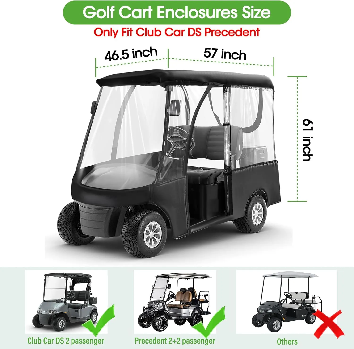Golf Cart Enclosures 2/4 Passenger for Club Car DS Precedent，Golf Cart Cover for 2/4 Person, with Roll-Up and Removable Windshield 600D Oxford Rain Cover All Weather Outdoor Protection