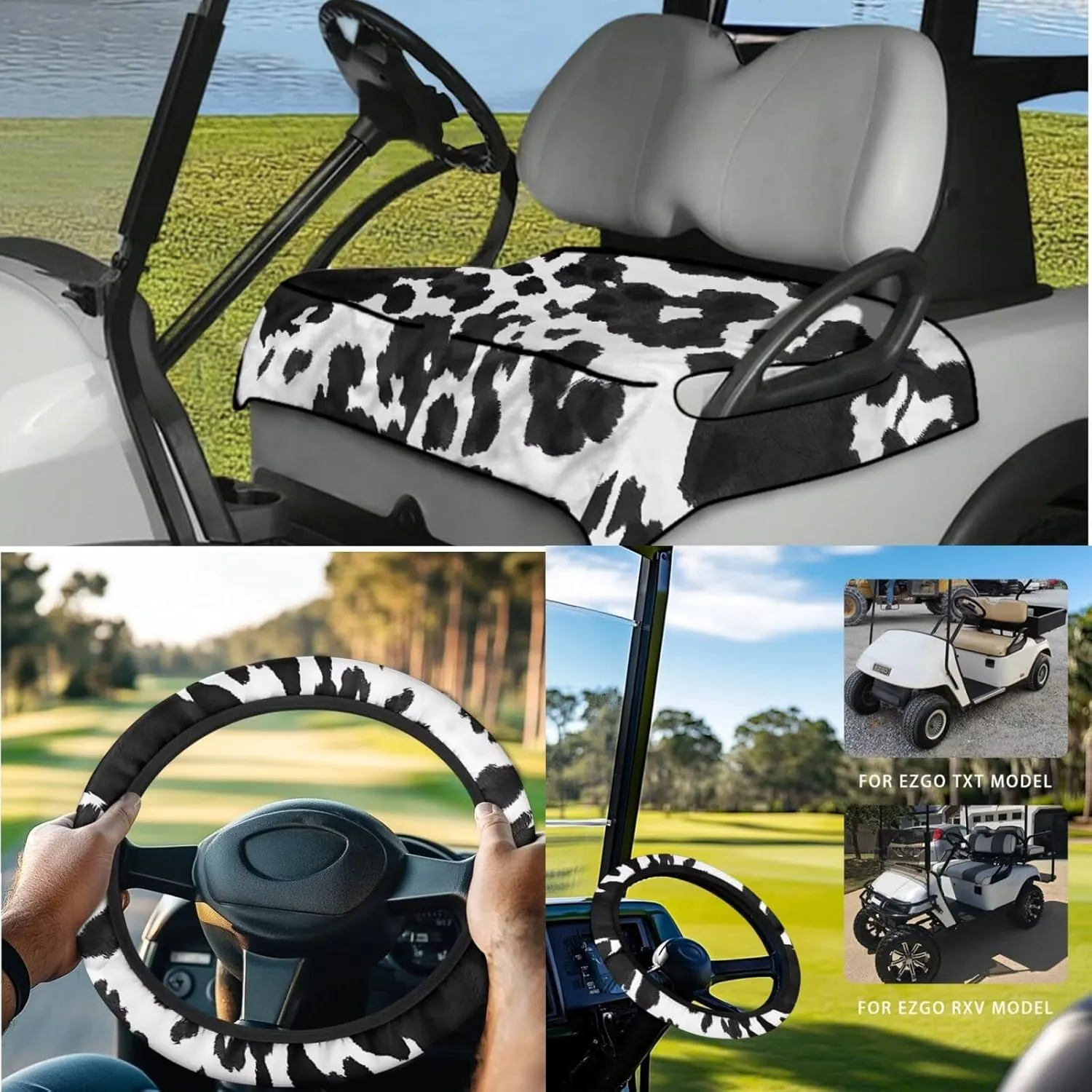 Golf Cart Essentials Bundle - Cow Print Anti-Hot Seat Cushion   Anti-Slip Steering Wheel Holder, Travel-Ready Accessories for Men/Women (Fits 13"-14" Wheels)