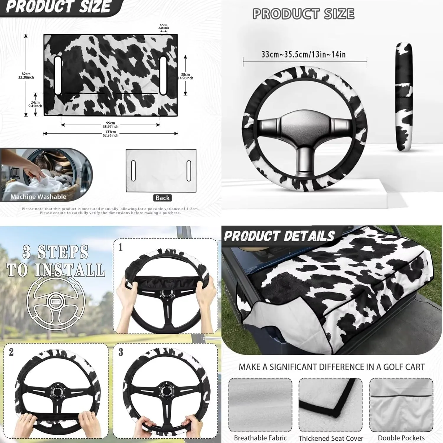 Golf Cart Essentials Bundle - Cow Print Anti-Hot Seat Cushion   Anti-Slip Steering Wheel Holder, Travel-Ready Accessories for Men/Women (Fits 13"-14" Wheels)