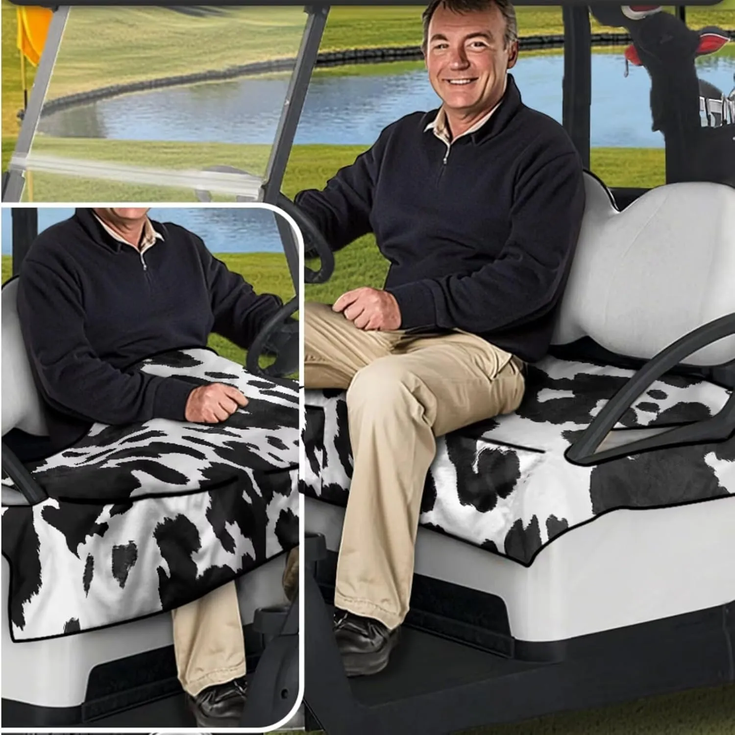 Golf Cart Essentials Bundle - Cow Print Anti-Hot Seat Cushion   Anti-Slip Steering Wheel Holder, Travel-Ready Accessories for Men/Women (Fits 13"-14" Wheels)