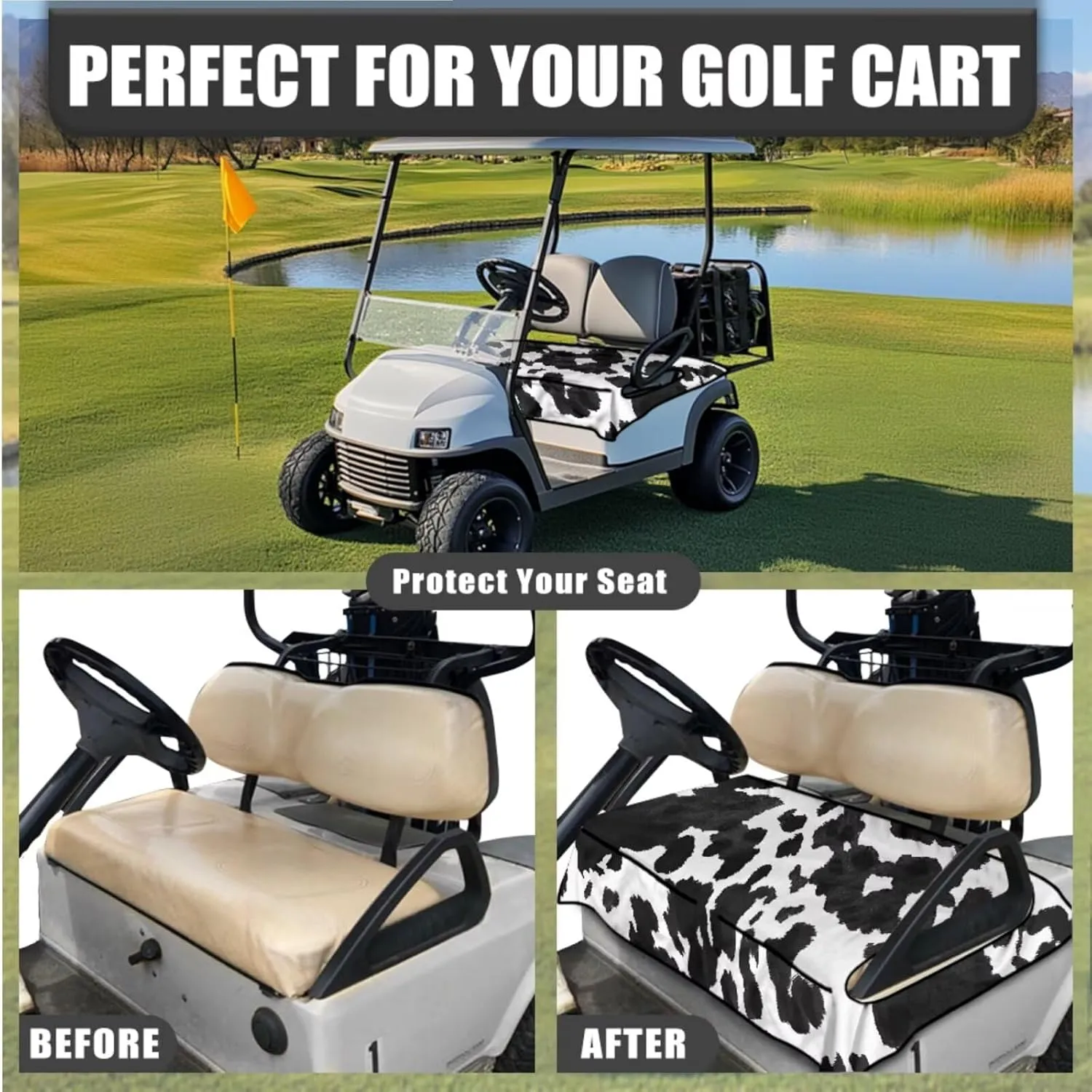 Golf Cart Essentials Bundle - Cow Print Anti-Hot Seat Cushion   Anti-Slip Steering Wheel Holder, Travel-Ready Accessories for Men/Women (Fits 13"-14" Wheels)