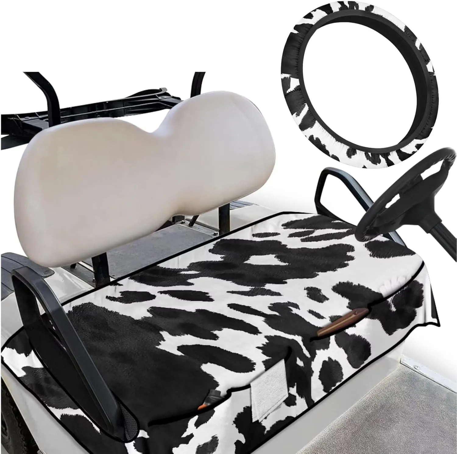 Golf Cart Essentials Bundle - Cow Print Anti-Hot Seat Cushion   Anti-Slip Steering Wheel Holder, Travel-Ready Accessories for Men/Women (Fits 13"-14" Wheels)