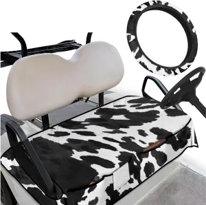 Golf Cart Essentials Bundle - Cow Print Anti-Hot Seat Cushion   Anti-Slip Steering Wheel Holder, Travel-Ready Accessories for Men/Women (Fits 13"-14" Wheels)