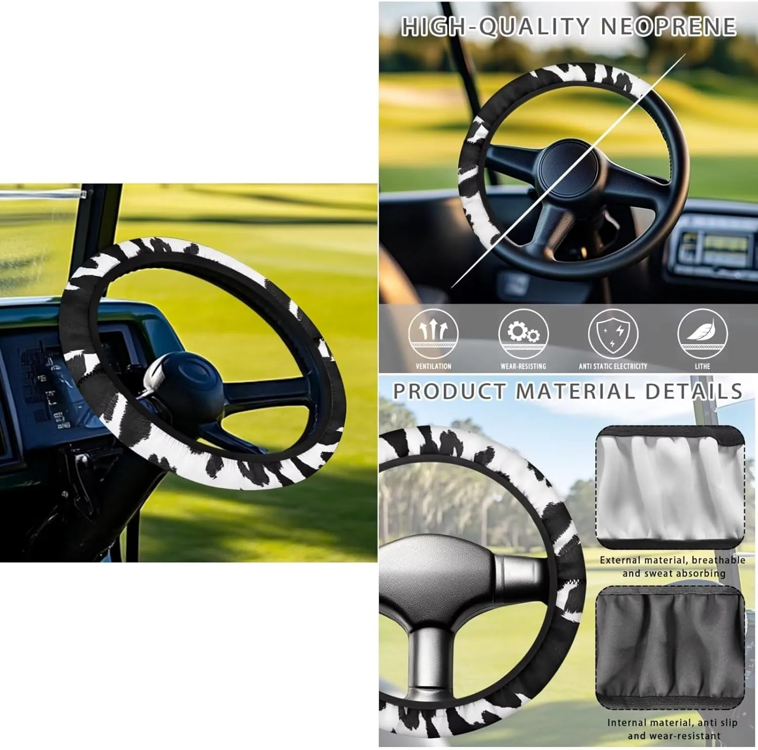 Golf Cart Essentials Bundle - Cow Print Anti-Hot Seat Cushion   Anti-Slip Steering Wheel Holder, Travel-Ready Accessories for Men/Women (Fits 13"-14" Wheels)