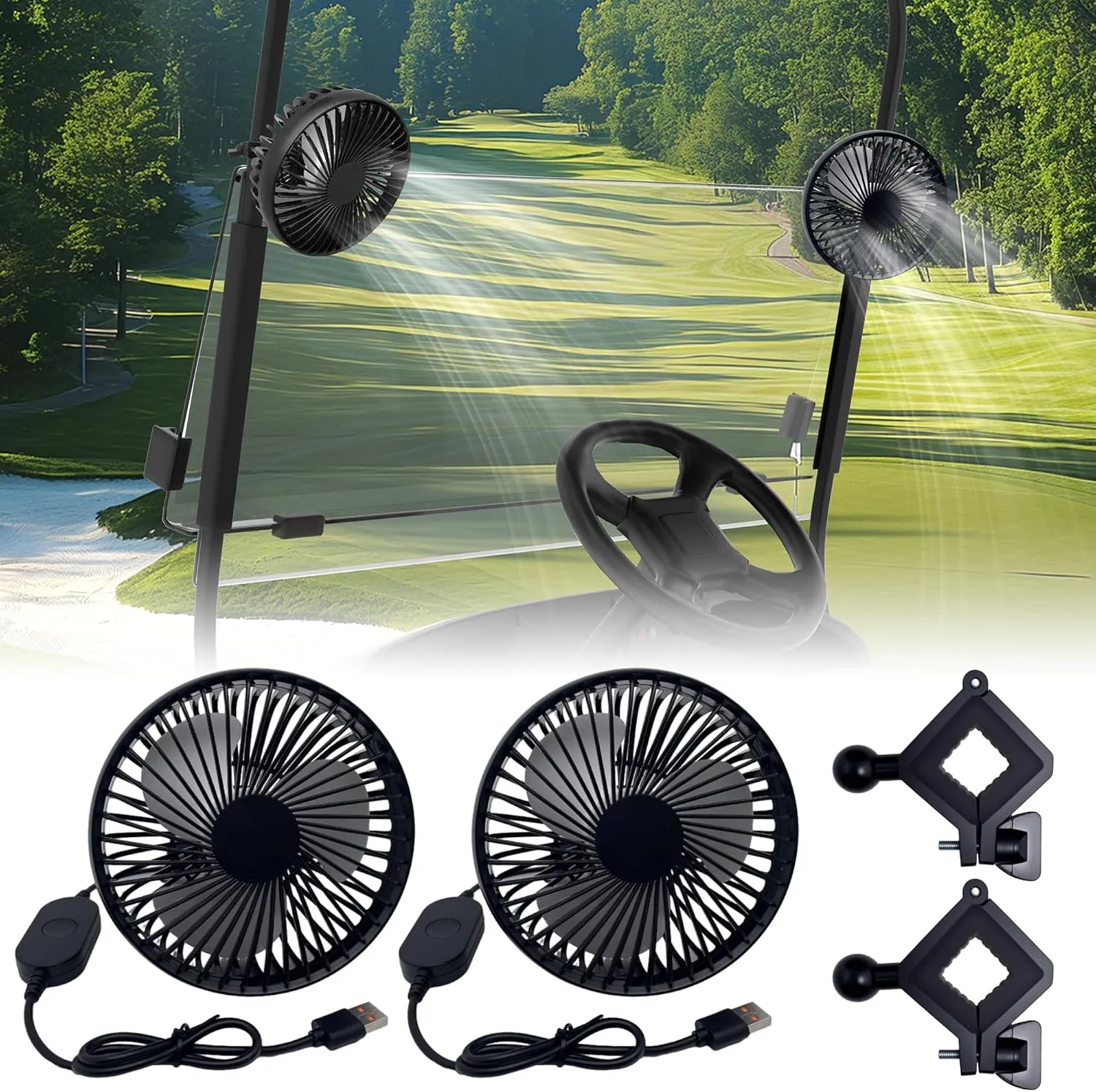 Golf Cart Fan – Portable USB-Powered Clip Fan | 3-Speed, 360° Adjustable, Low Noise, Long-Lasting – Golf Cart Accessories for EZGO, Club Car, Yamaha – Secure Mount, Portable Clip Design
