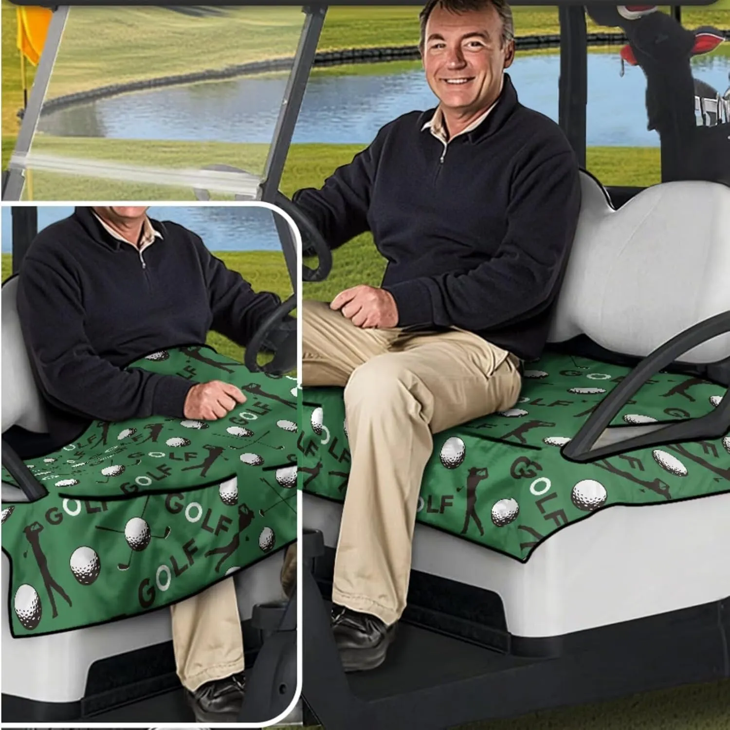 Golf Cart Seat Covers & Steering Wheel Cover Set - Anti-Slip 2-Seat Protector with 4 Pockets, All-Weather Golf Cart Accessories for Club Car (Men & Women)