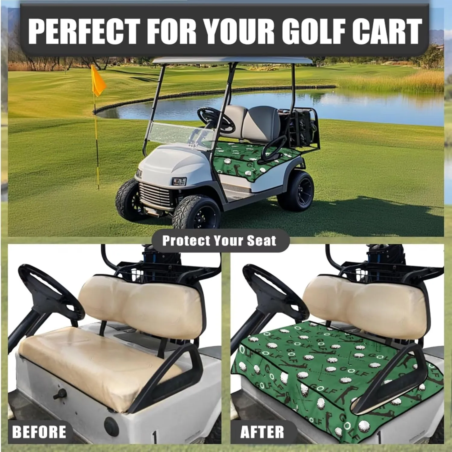 Golf Cart Seat Covers & Steering Wheel Cover Set - Anti-Slip 2-Seat Protector with 4 Pockets, All-Weather Golf Cart Accessories for Club Car (Men & Women)