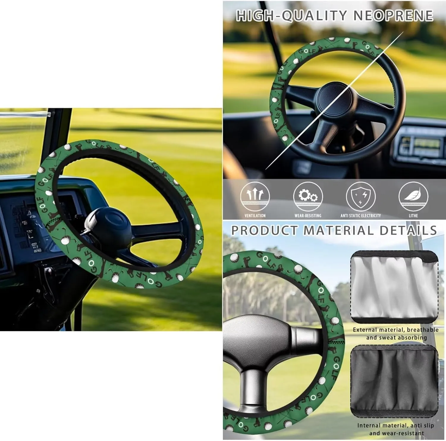 Golf Cart Seat Covers & Steering Wheel Cover Set - Anti-Slip 2-Seat Protector with 4 Pockets, All-Weather Golf Cart Accessories for Club Car (Men & Women)
