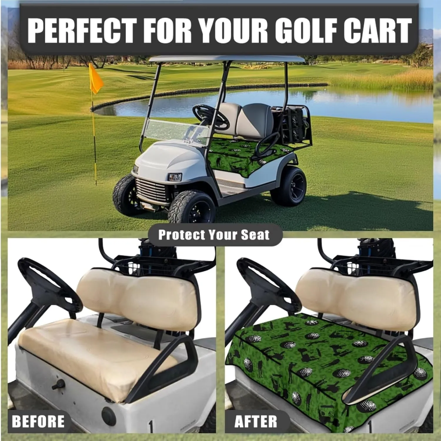Golf Cart Seat Covers & Steering Wheel Cover Set - Anti-Slip 2-Seat Protector with 4 Pockets, All-Weather Golf Cart Accessories for Club Car (Men & Women)