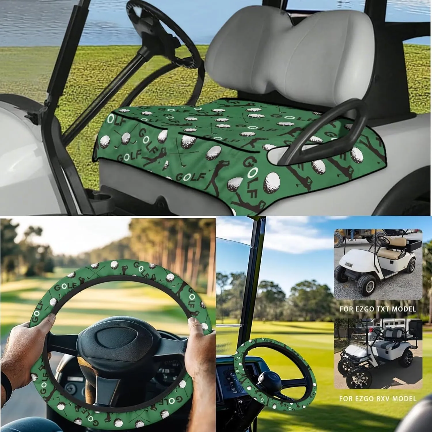 Golf Cart Seat Covers & Steering Wheel Cover Set - Anti-Slip 2-Seat Protector with 4 Pockets, All-Weather Golf Cart Accessories for Club Car (Men & Women)