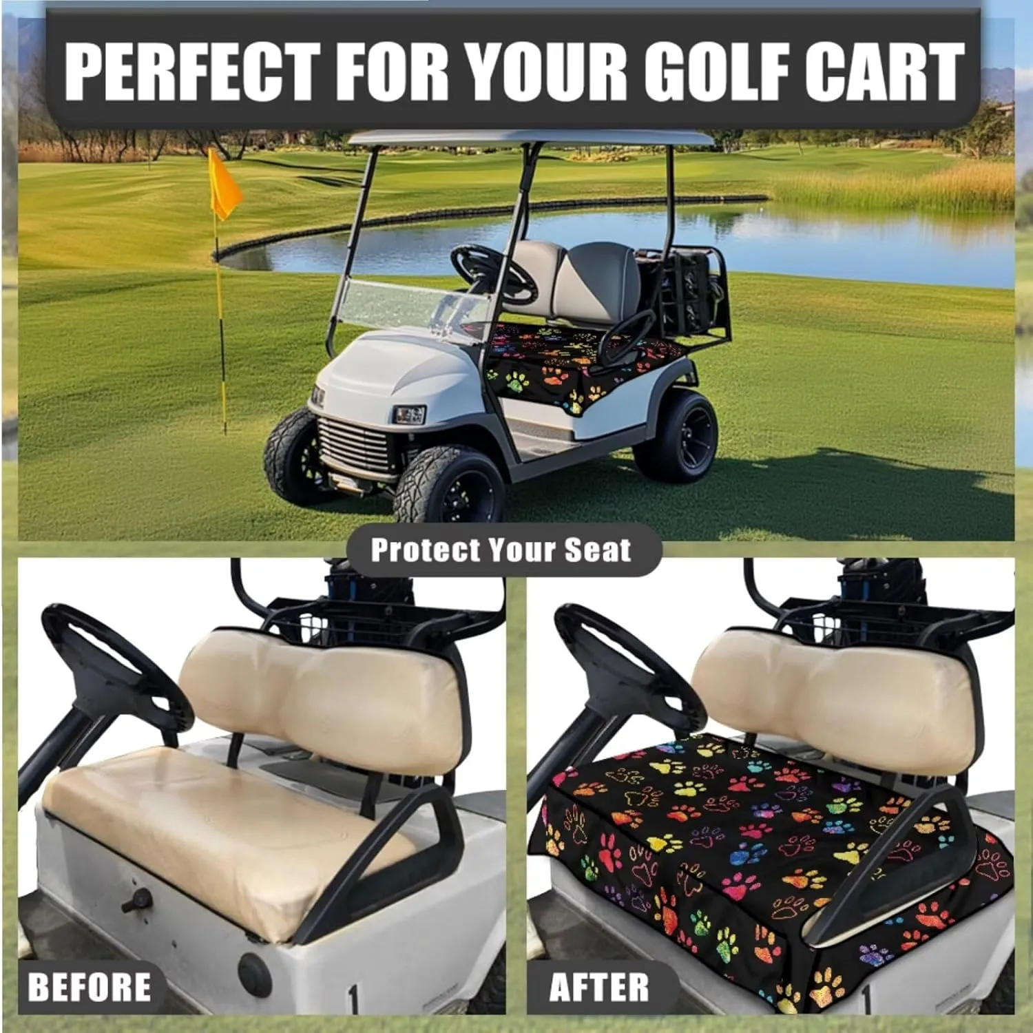 Golf Cart Seat Covers & Steering Wheel Cover Set - Anti-Slip 2-Seat Protector with 4 Pockets, All-Weather Golf Cart Accessories for Club Car (Men & Women)
