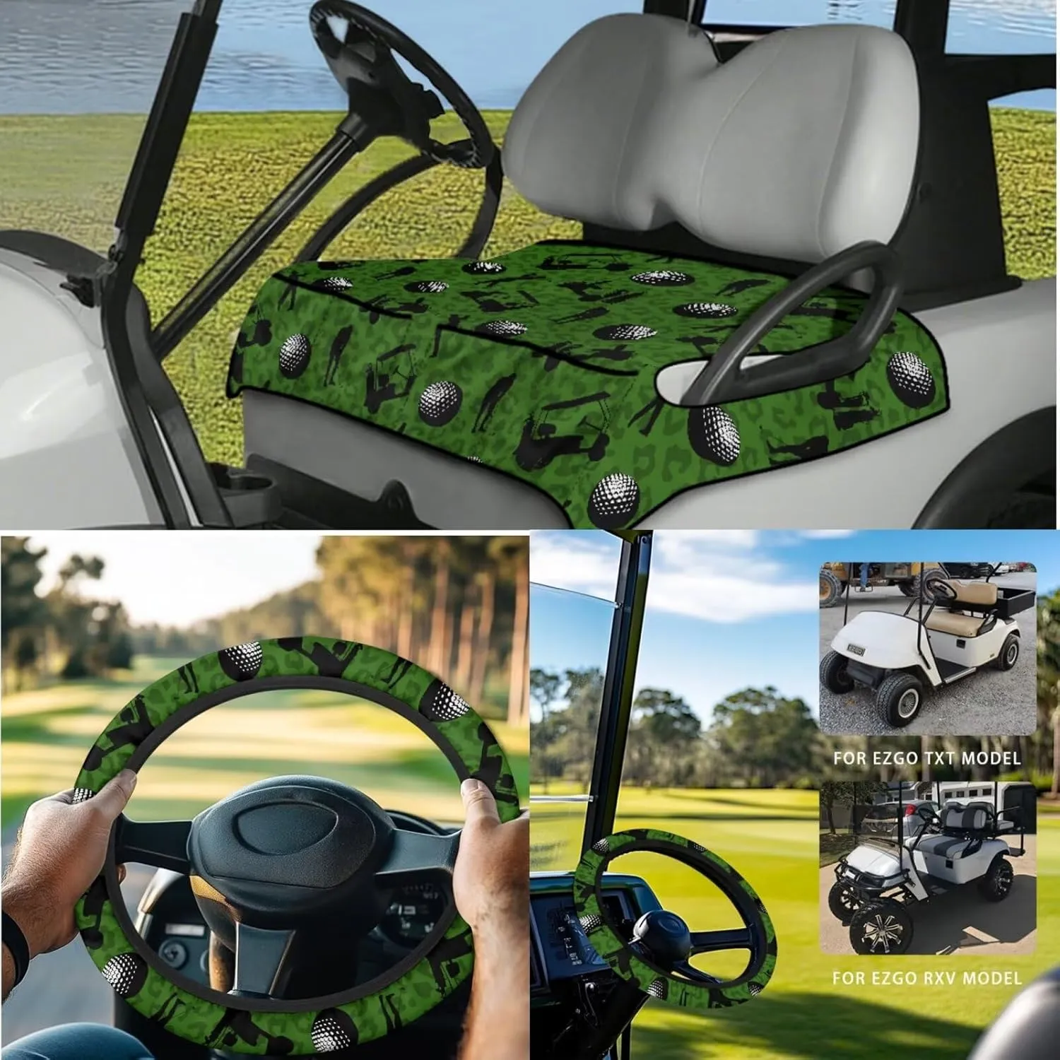 Golf Cart Seat Covers & Steering Wheel Cover Set - Anti-Slip 2-Seat Protector with 4 Pockets, All-Weather Golf Cart Accessories for Club Car (Men & Women)
