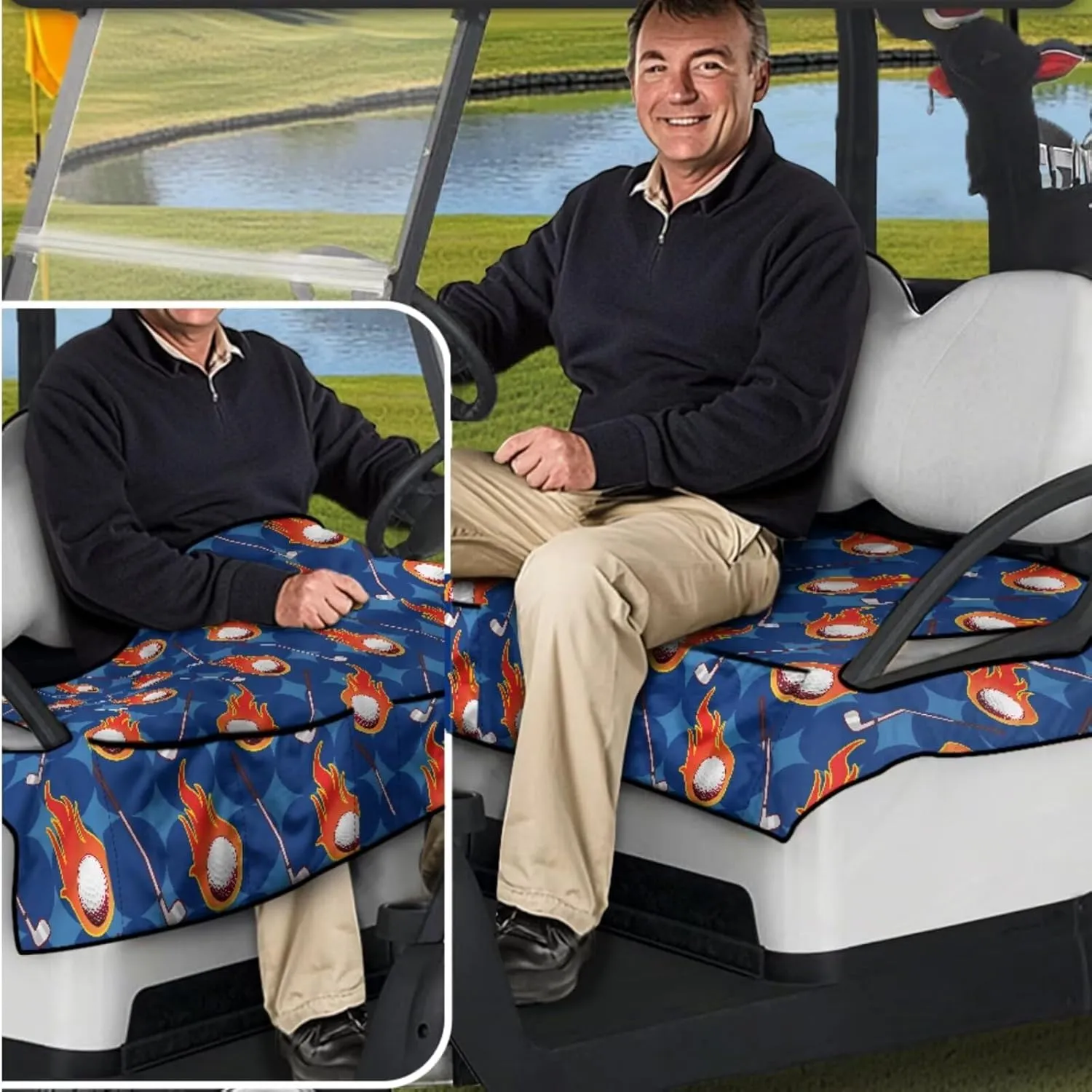 Golf Cart Seat Covers & Steering Wheel Cover Set - Anti-Slip 2-Seat Protector with 4 Pockets, All-Weather Golf Cart Accessories for Club Car (Men & Women)
