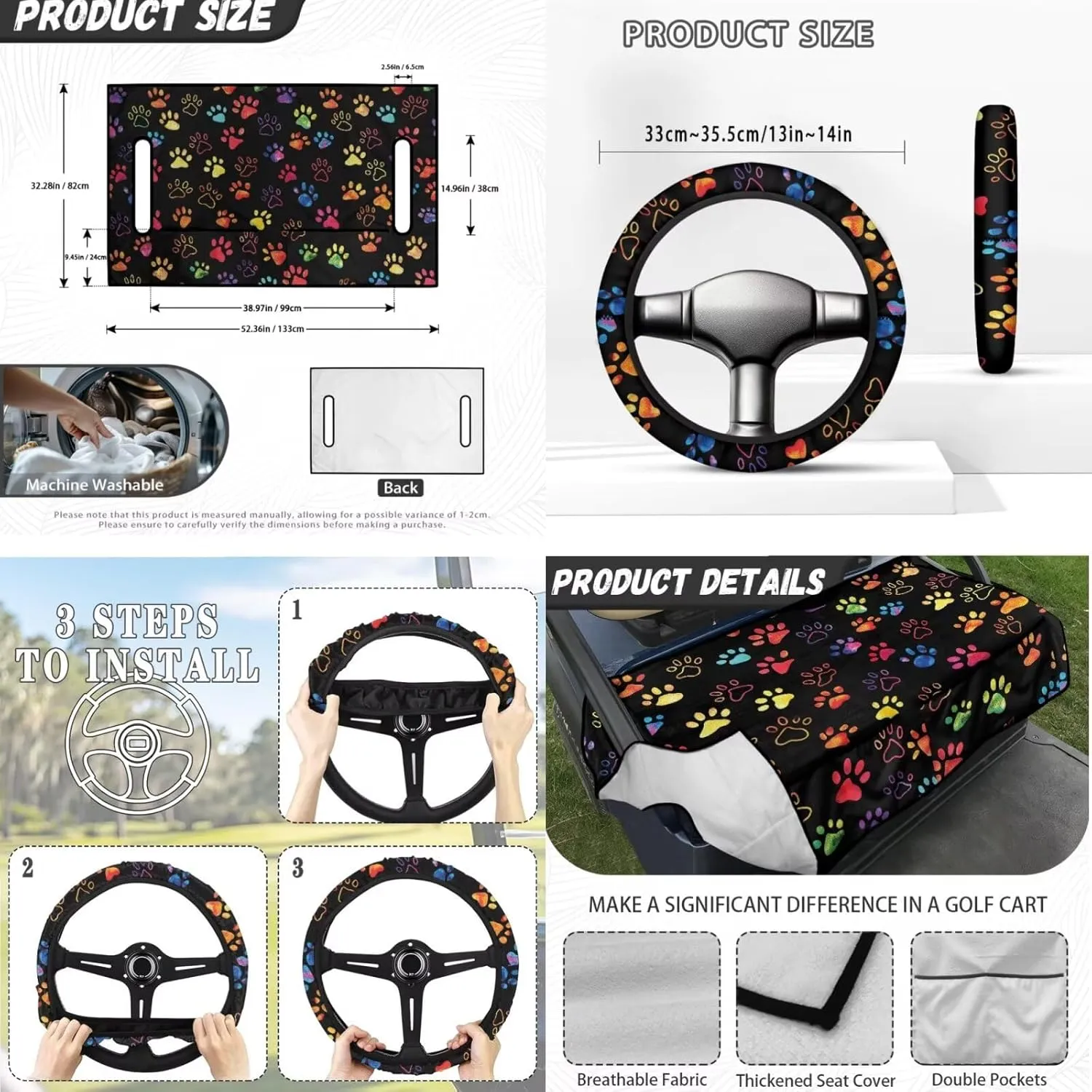 Golf Cart Seat Covers & Steering Wheel Cover Set - Anti-Slip 2-Seat Protector with 4 Pockets, All-Weather Golf Cart Accessories for Club Car (Men & Women)