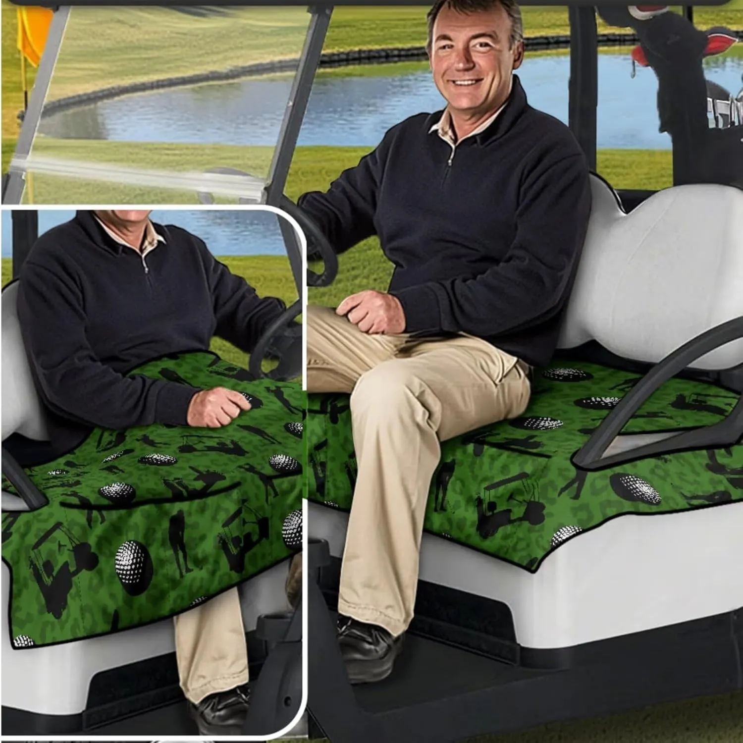 Golf Cart Seat Covers & Steering Wheel Cover Set - Anti-Slip 2-Seat Protector with 4 Pockets, All-Weather Golf Cart Accessories for Club Car (Men & Women)