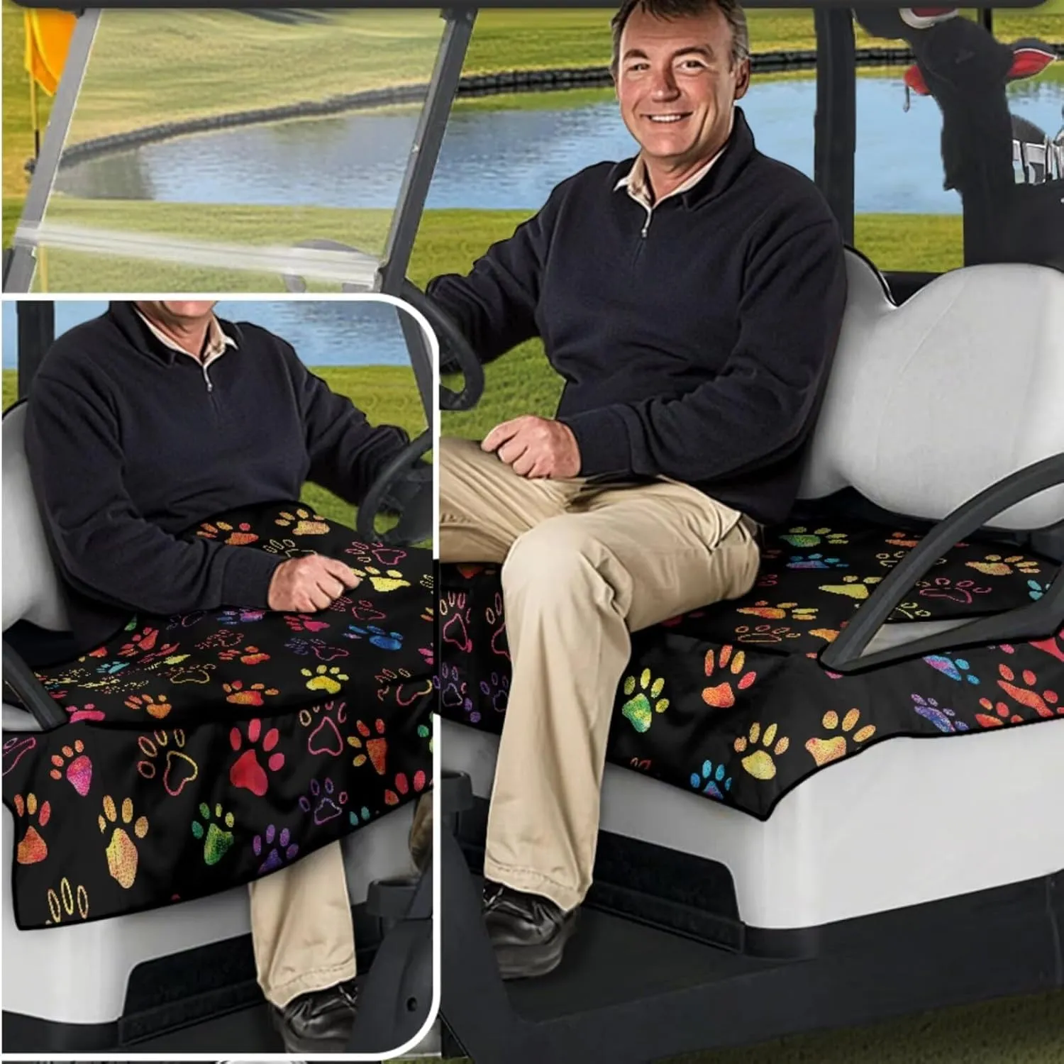 Golf Cart Seat Covers & Steering Wheel Cover Set - Anti-Slip 2-Seat Protector with 4 Pockets, All-Weather Golf Cart Accessories for Club Car (Men & Women)