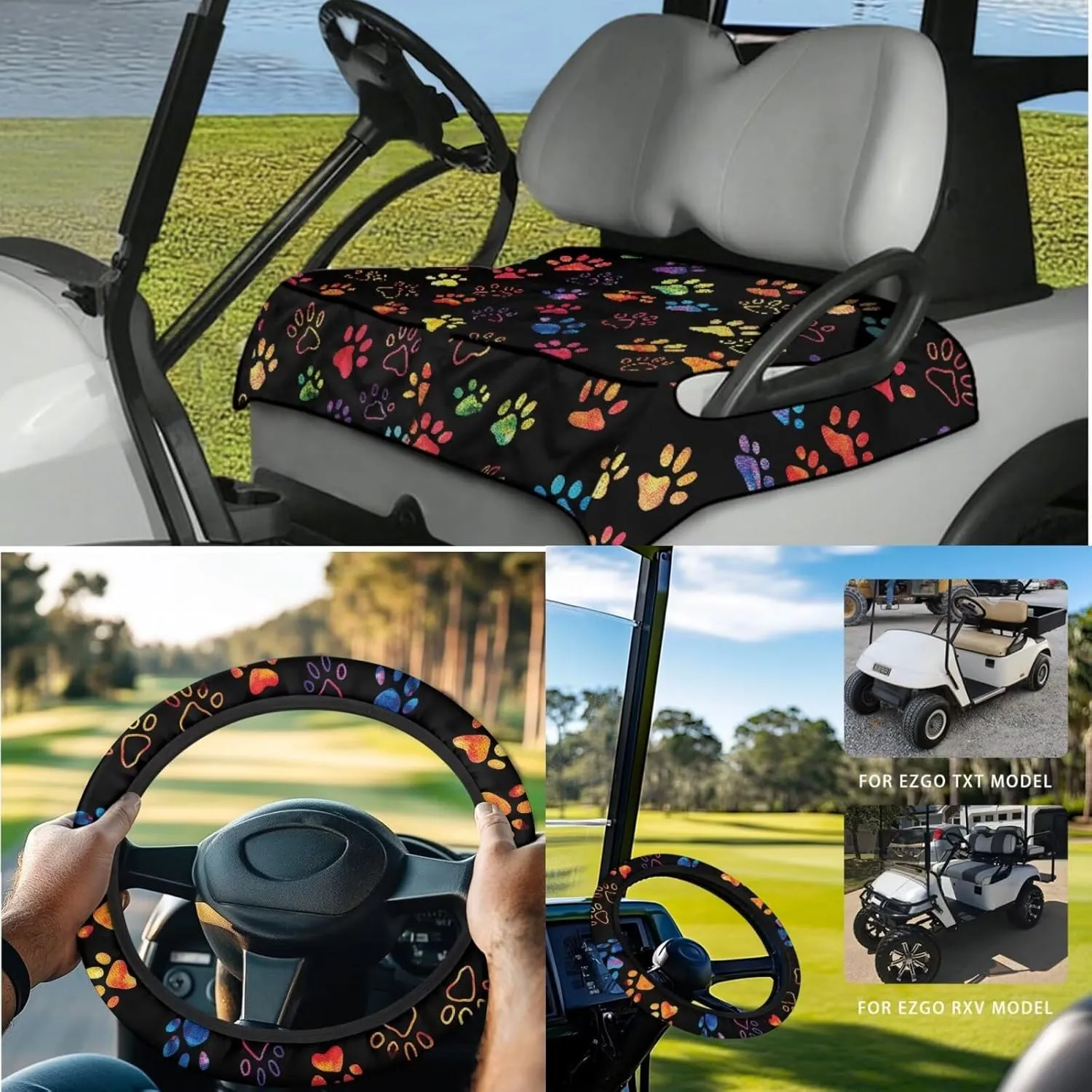 Golf Cart Seat Covers & Steering Wheel Cover Set - Anti-Slip 2-Seat Protector with 4 Pockets, All-Weather Golf Cart Accessories for Club Car (Men & Women)