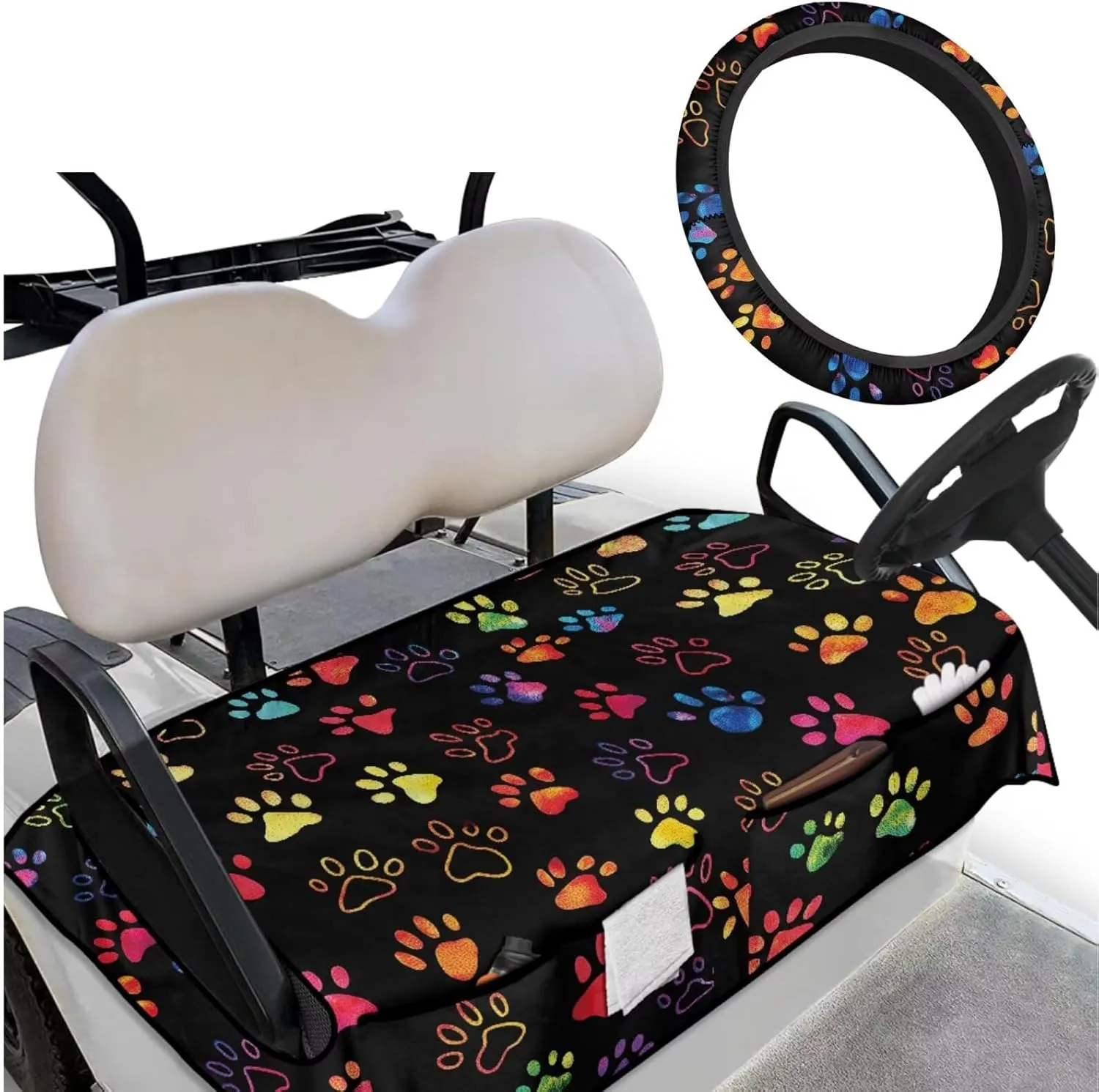 Golf Cart Seat Covers & Steering Wheel Cover Set - Anti-Slip 2-Seat Protector with 4 Pockets, All-Weather Golf Cart Accessories for Club Car (Men & Women)