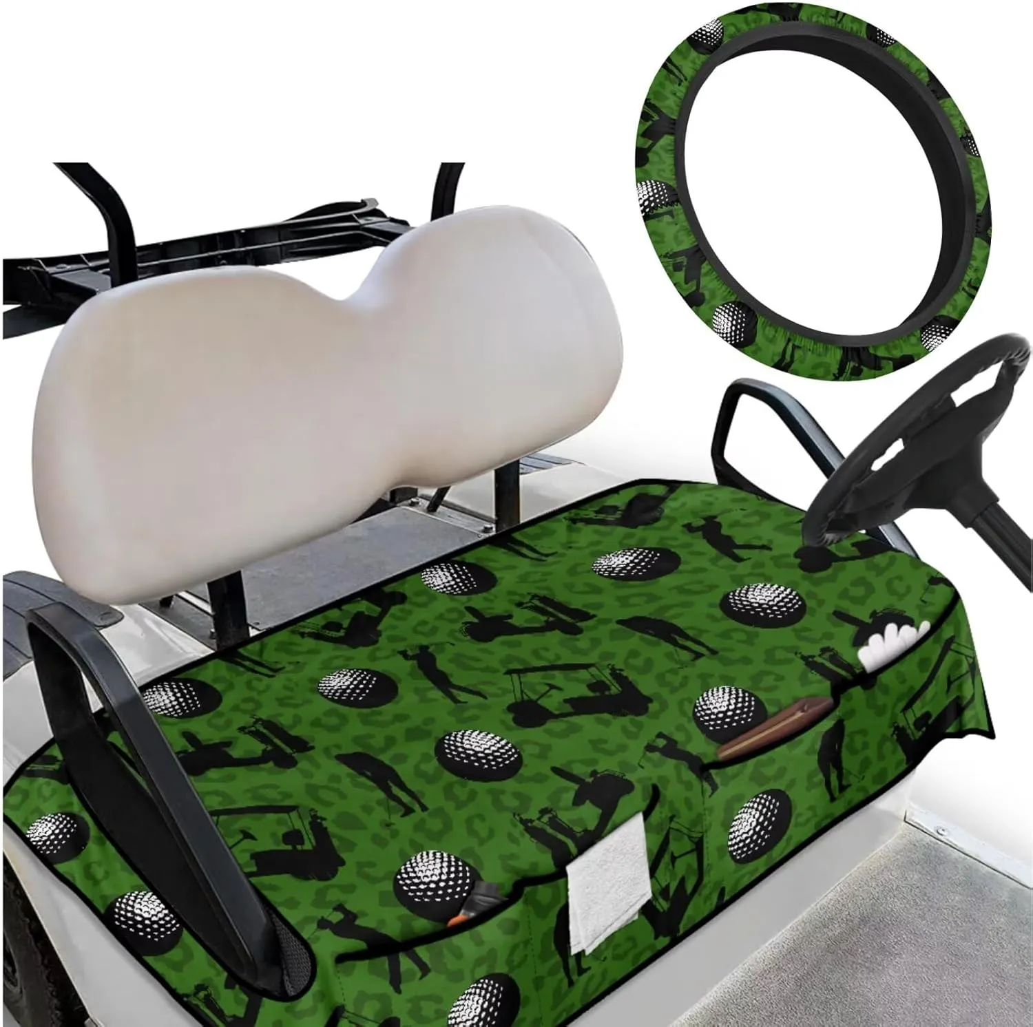 Golf Cart Seat Covers & Steering Wheel Cover Set - Anti-Slip 2-Seat Protector with 4 Pockets, All-Weather Golf Cart Accessories for Club Car (Men & Women)
