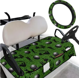 Golf Cart Seat Covers & Steering Wheel Cover Set - Anti-Slip 2-Seat Protector with 4 Pockets, All-Weather Golf Cart Accessories for Club Car (Men & Women)