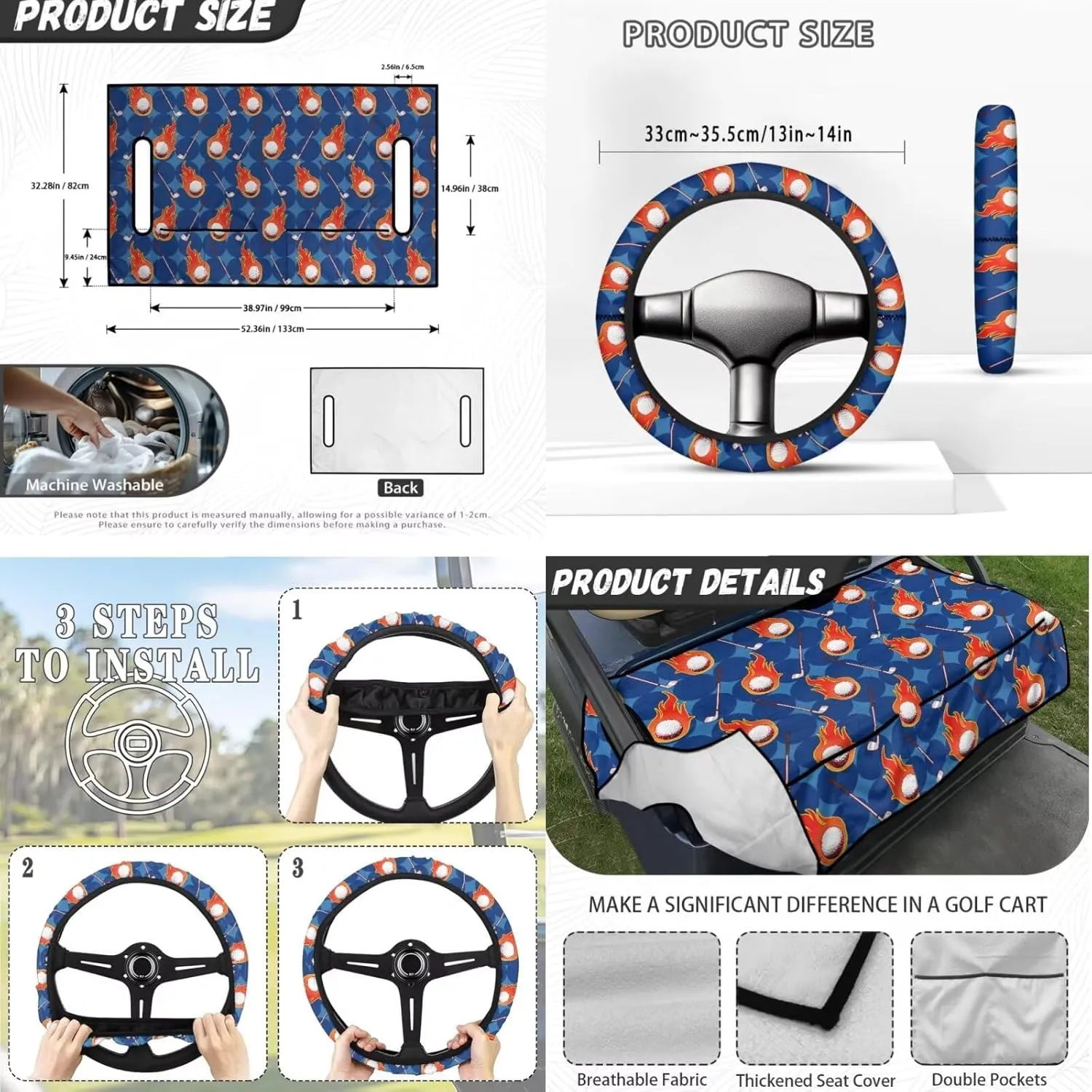 Golf Cart Seat Covers & Steering Wheel Cover Set - Anti-Slip 2-Seat Protector with 4 Pockets, All-Weather Golf Cart Accessories for Club Car (Men & Women)