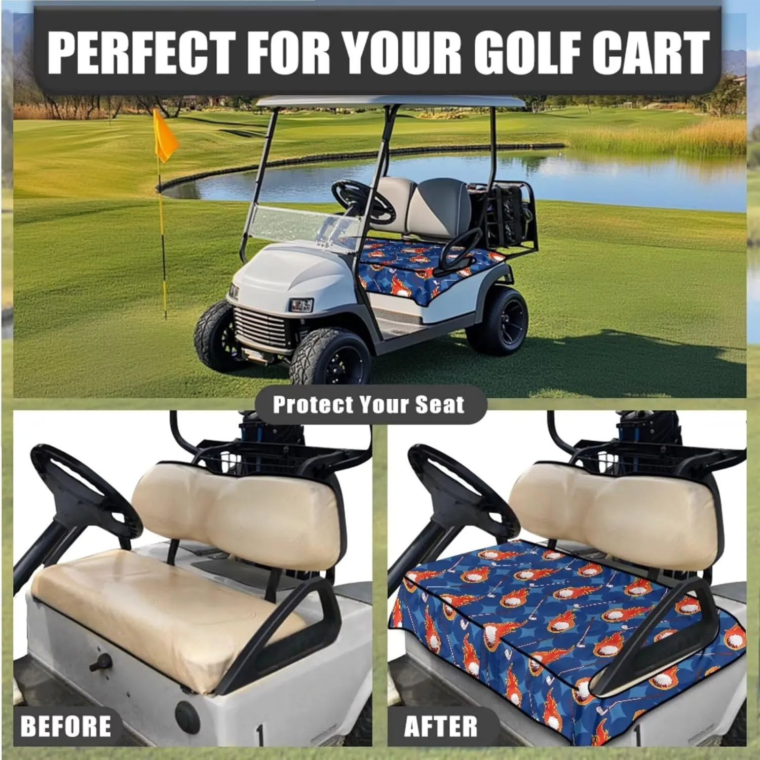 Golf Cart Seat Covers & Steering Wheel Cover Set - Anti-Slip 2-Seat Protector with 4 Pockets, All-Weather Golf Cart Accessories for Club Car (Men & Women)