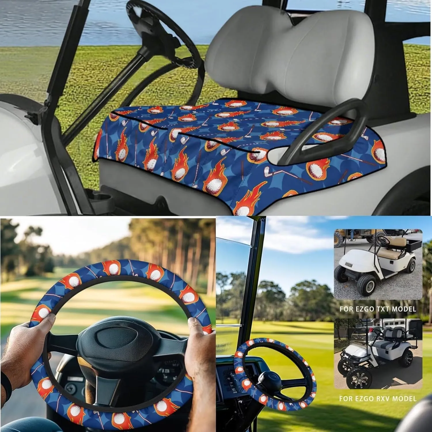Golf Cart Seat Covers & Steering Wheel Cover Set - Anti-Slip 2-Seat Protector with 4 Pockets, All-Weather Golf Cart Accessories for Club Car (Men & Women)