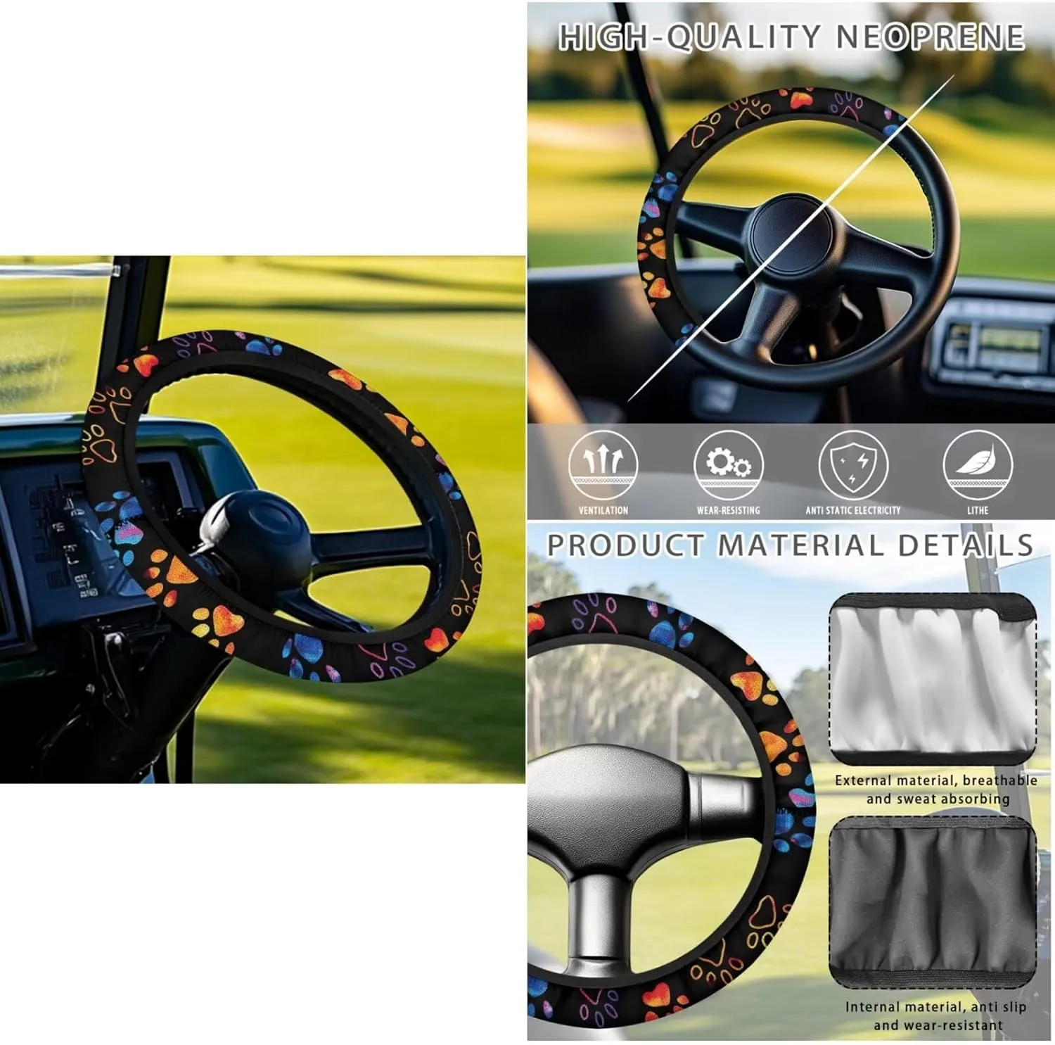 Golf Cart Seat Covers & Steering Wheel Cover Set - Anti-Slip 2-Seat Protector with 4 Pockets, All-Weather Golf Cart Accessories for Club Car (Men & Women)