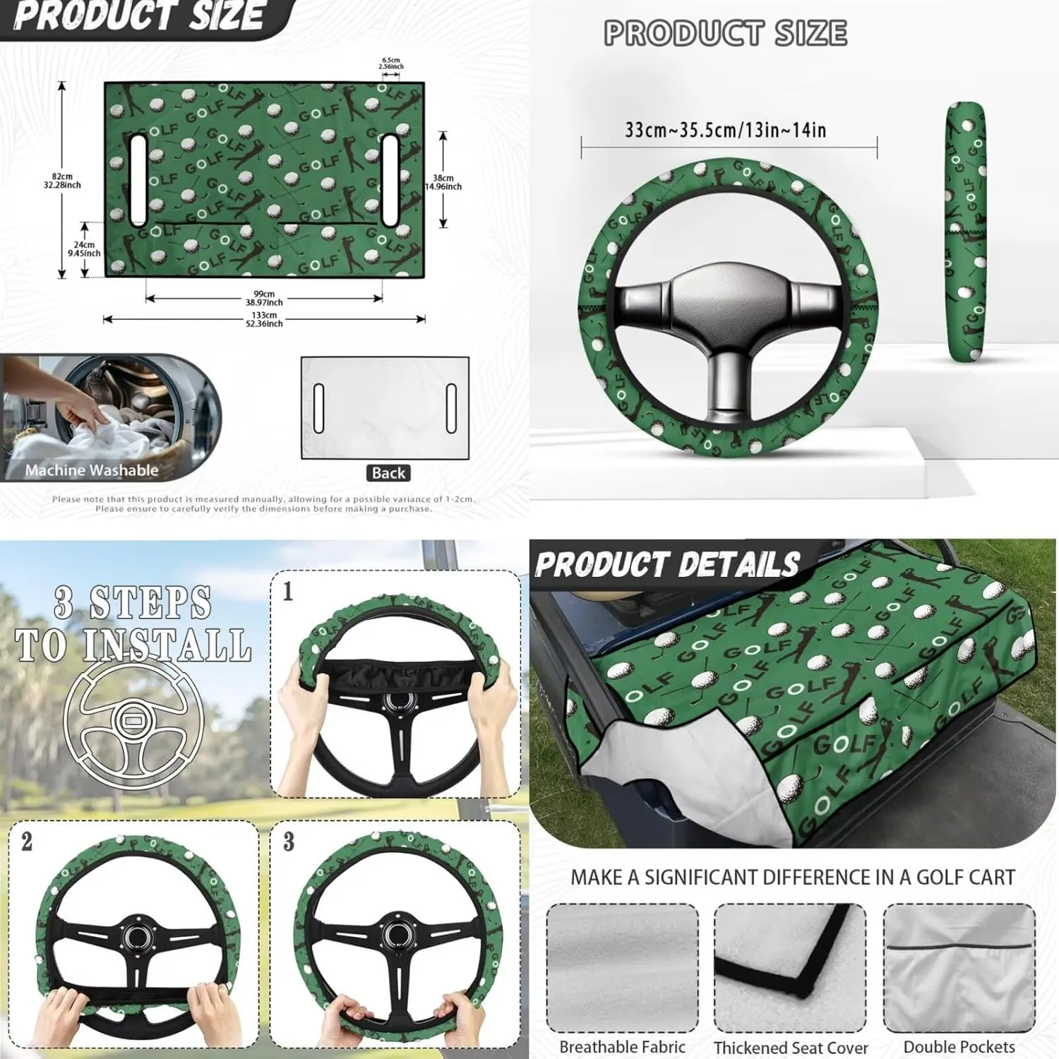Golf Cart Seat Covers & Steering Wheel Cover Set - Anti-Slip 2-Seat Protector with 4 Pockets, All-Weather Golf Cart Accessories for Club Car (Men & Women)