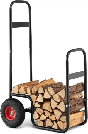 Goplus Firewood Carrier with Wheels, Outdoor Rolling Fire Wood Log Cart with Pneumatic Rubber Tiers, Heavy Duty Steel Wood Storage Hauler, Firewood Rack for Fireplace, Fire Pit, 220 LBS Capacity