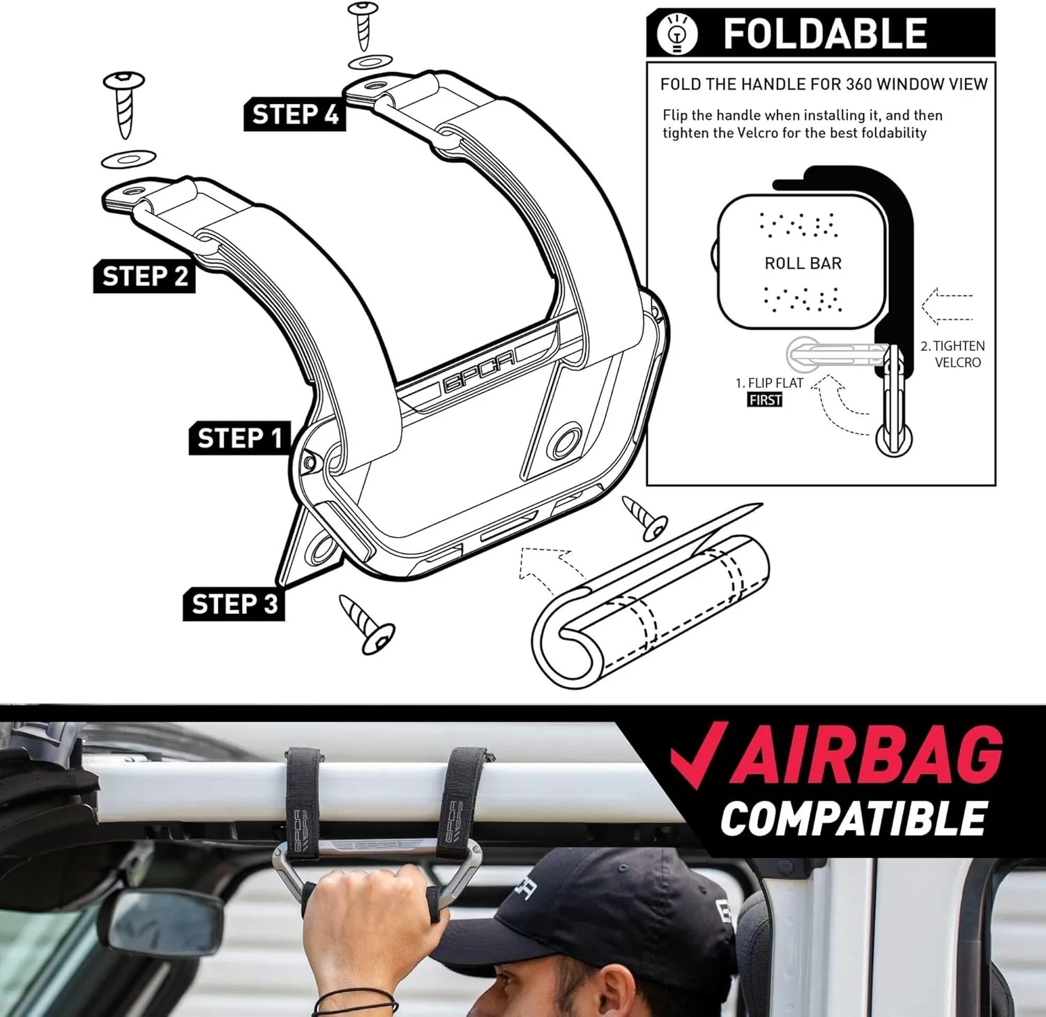 GPCA GP Grip Air Grab Handles Designed for 2024  Jeep Wrangler JL 4xe w/Airbag Compatible - Aero-Grade Aluminum, Patented Foldable Design, Easy Installation
