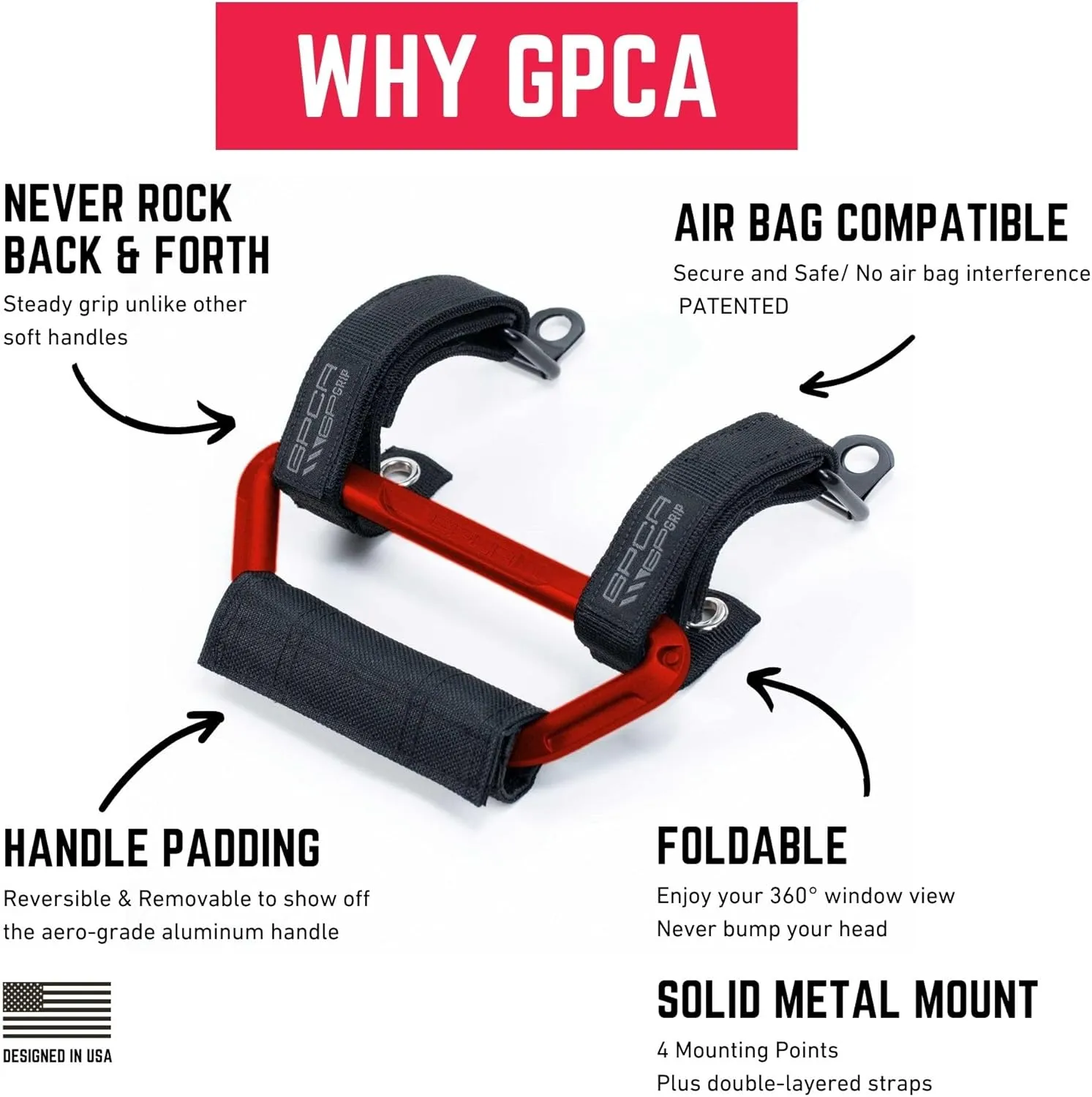 GPCA GP Grip Air Grab Handles Designed for 2024  Jeep Wrangler JL 4xe w/Airbag Compatible - Aero-Grade Aluminum, Patented Foldable Design, Easy Installation