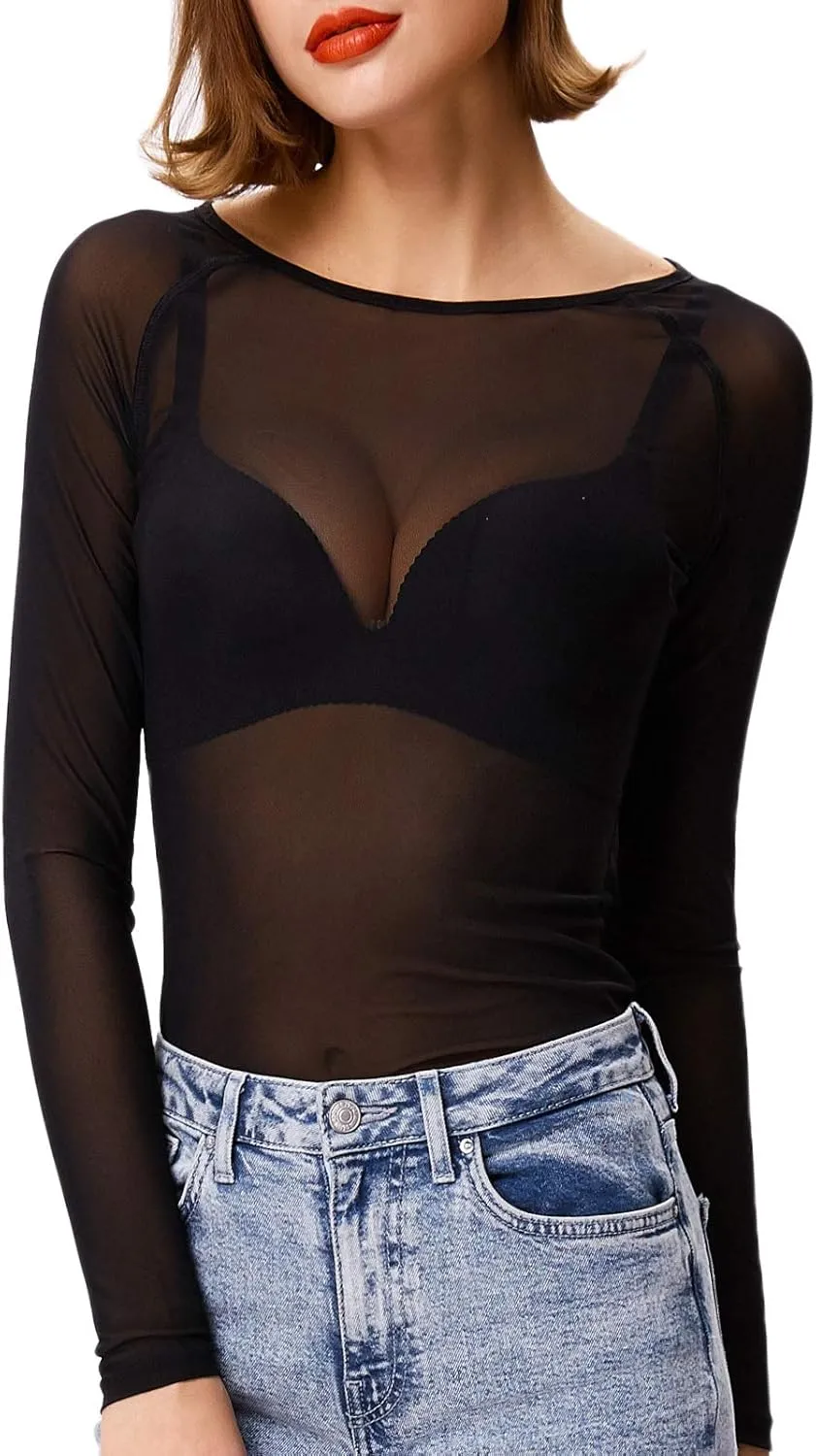 GRACE KARIN Women's Long Sleeve See Through Mesh Sheer Top Blouse Shirt