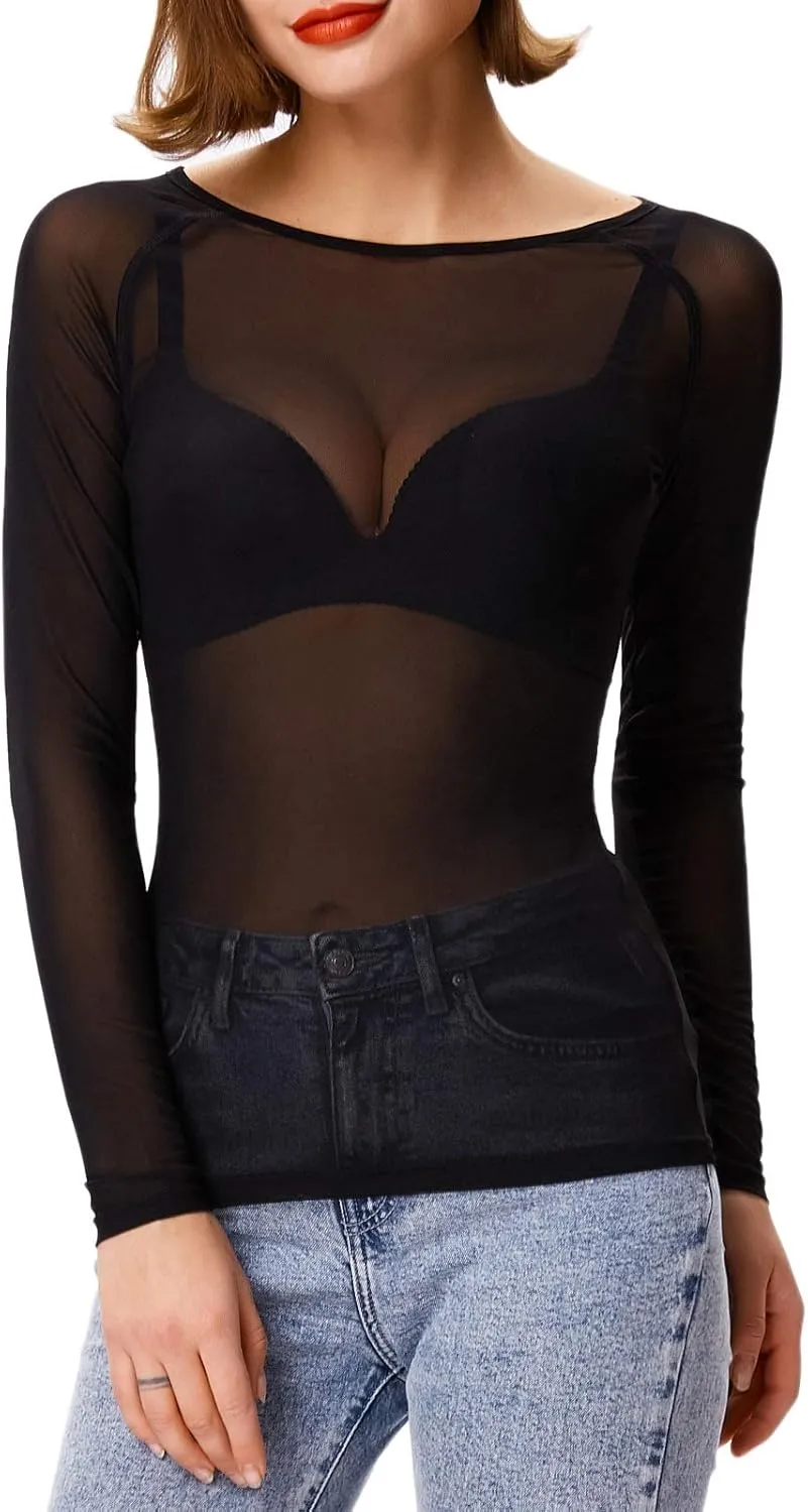 GRACE KARIN Women's Long Sleeve See Through Mesh Sheer Top Blouse Shirt