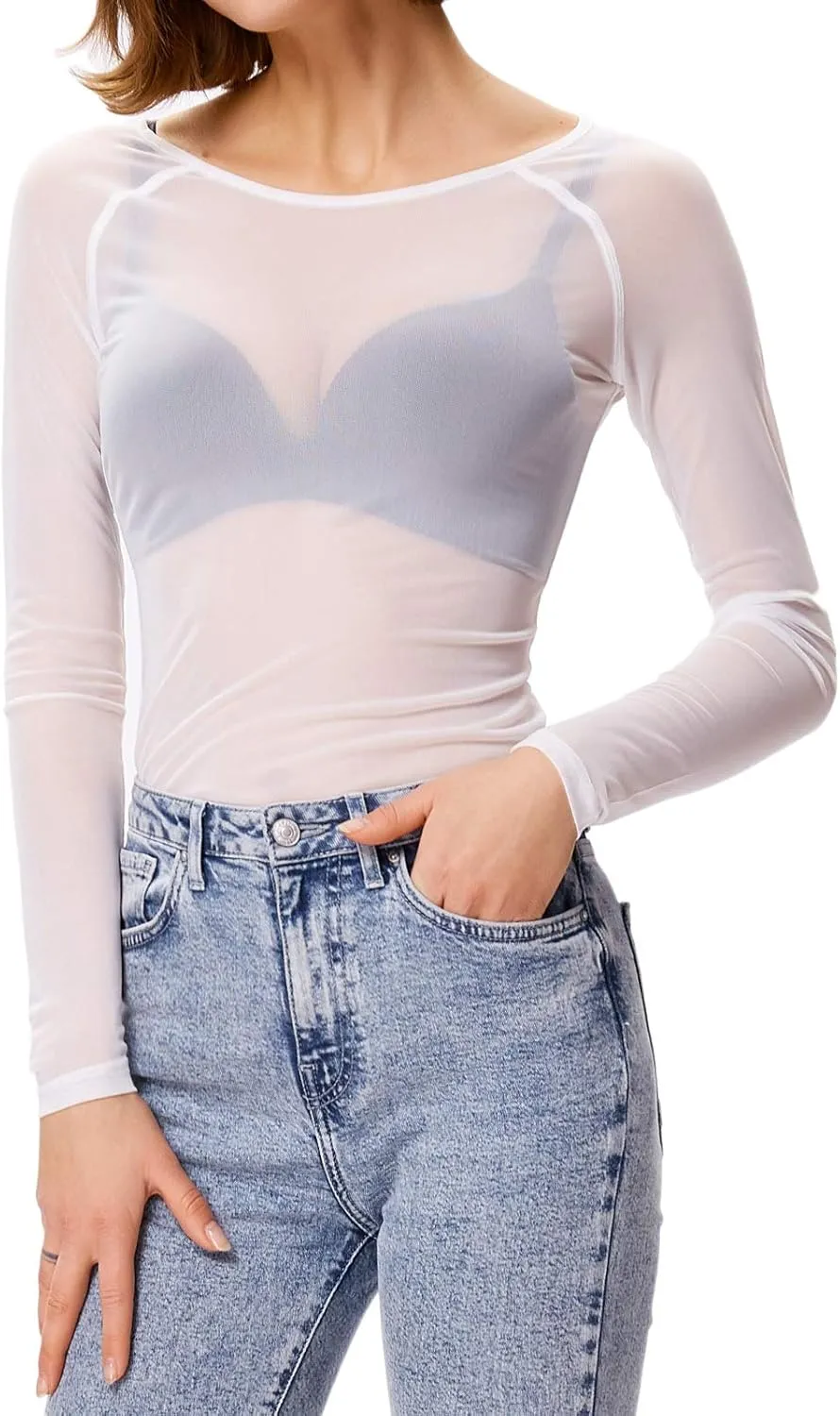 GRACE KARIN Women's Long Sleeve See Through Mesh Sheer Top Blouse Shirt