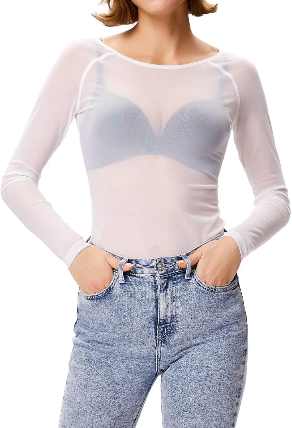 GRACE KARIN Women's Long Sleeve See Through Mesh Sheer Top Blouse Shirt