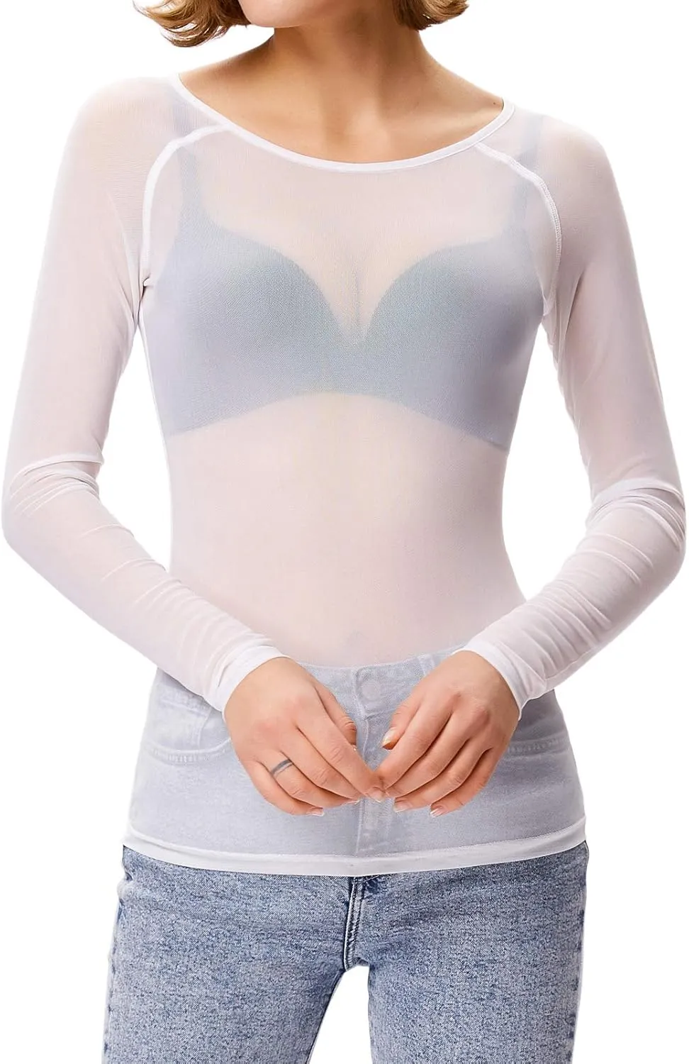 GRACE KARIN Women's Long Sleeve See Through Mesh Sheer Top Blouse Shirt