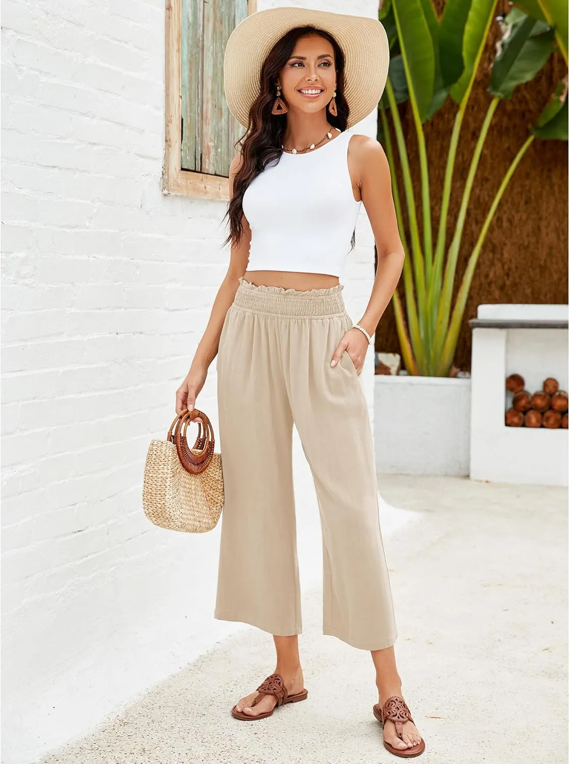 GRAPENT Capri Pants for Women High Waisted Wide Leg Linen Palazzo Trousers Pull On Elastic Smock Waist Loose Flowy Pants