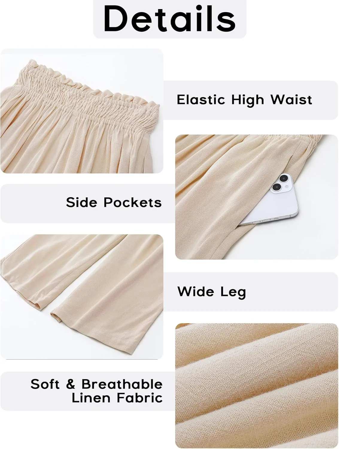 GRAPENT Capri Pants for Women High Waisted Wide Leg Linen Palazzo Trousers Pull On Elastic Smock Waist Loose Flowy Pants
