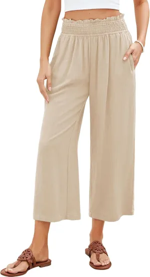 GRAPENT Capri Pants for Women High Waisted Wide Leg Linen Palazzo Trousers Pull On Elastic Smock Waist Loose Flowy Pants