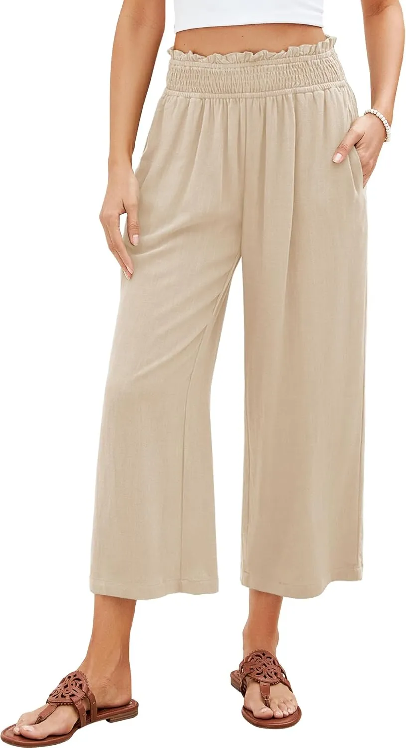 GRAPENT Capri Pants for Women High Waisted Wide Leg Linen Palazzo Trousers Pull On Elastic Smock Waist Loose Flowy Pants