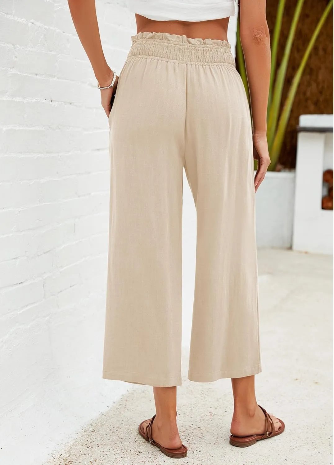 GRAPENT Capri Pants for Women High Waisted Wide Leg Linen Palazzo Trousers Pull On Elastic Smock Waist Loose Flowy Pants