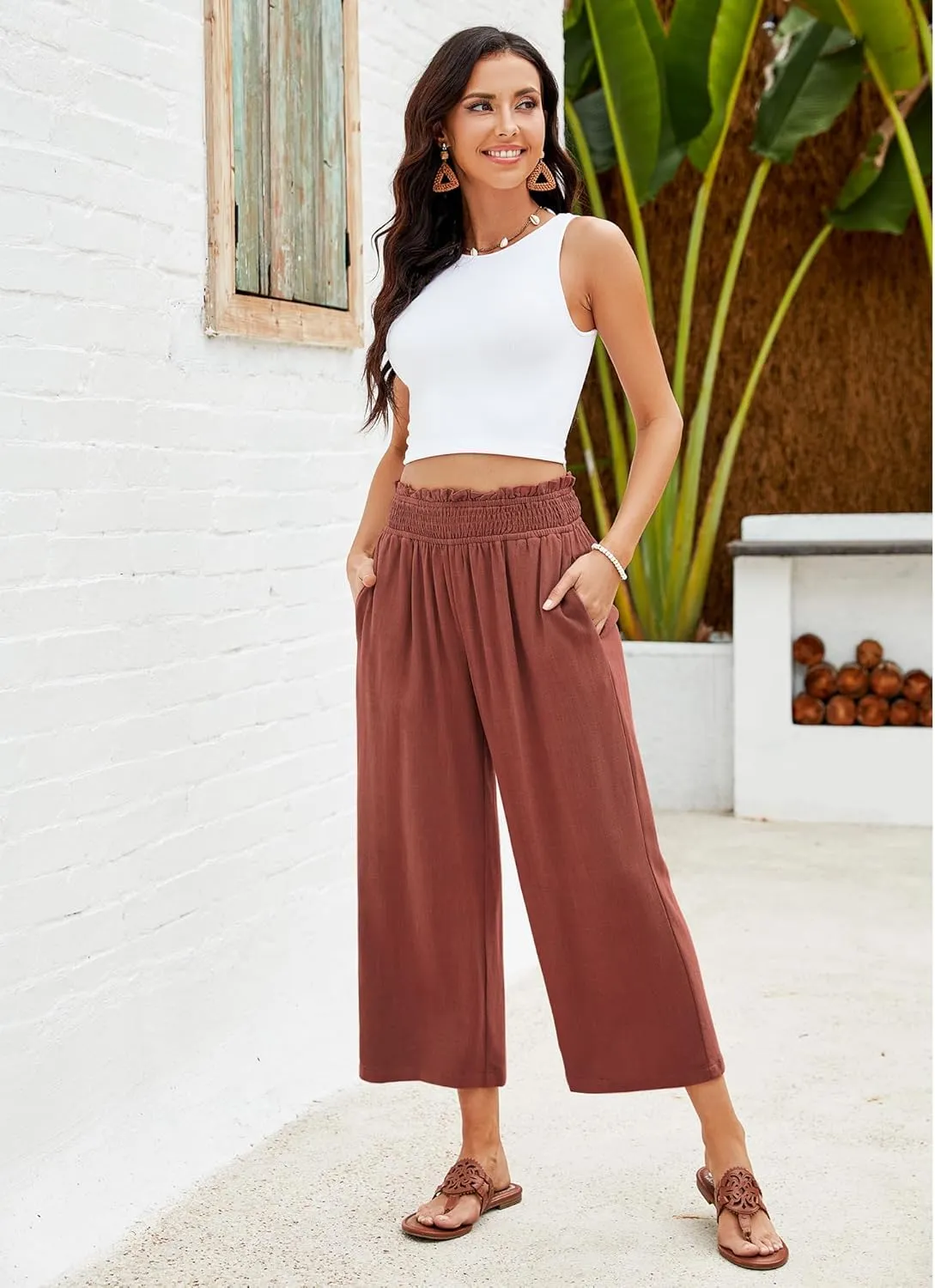 GRAPENT Capri Pants for Women High Waisted Wide Leg Linen Palazzo Trousers Pull On Elastic Smock Waist Loose Flowy Pants