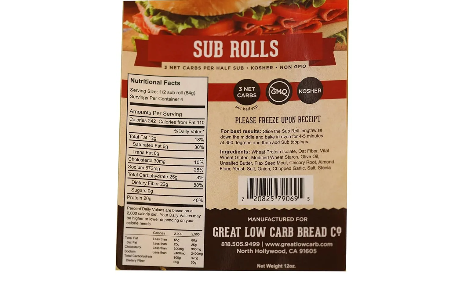 Great Low Carb Sub Rolls 12oz Bag of 2 (foot longs)| 1 bag | Keto friendly | Kosher |Non GMO |Low carb diet