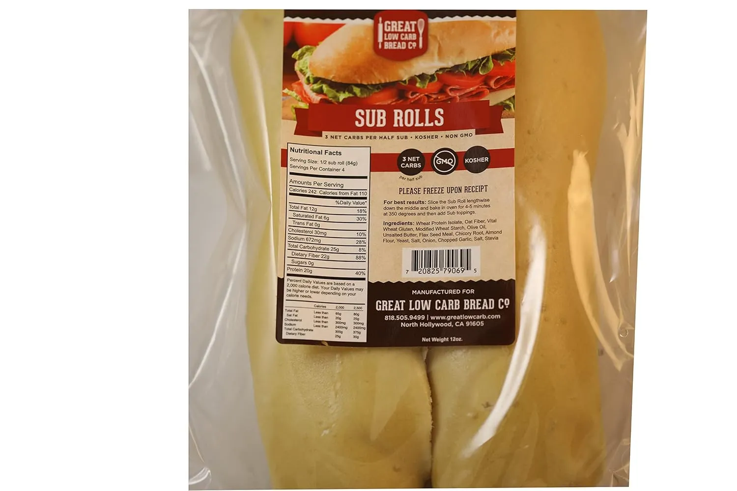 Great Low Carb Sub Rolls 12oz Bag of 2 (foot longs)| 1 bag | Keto friendly | Kosher |Non GMO |Low carb diet